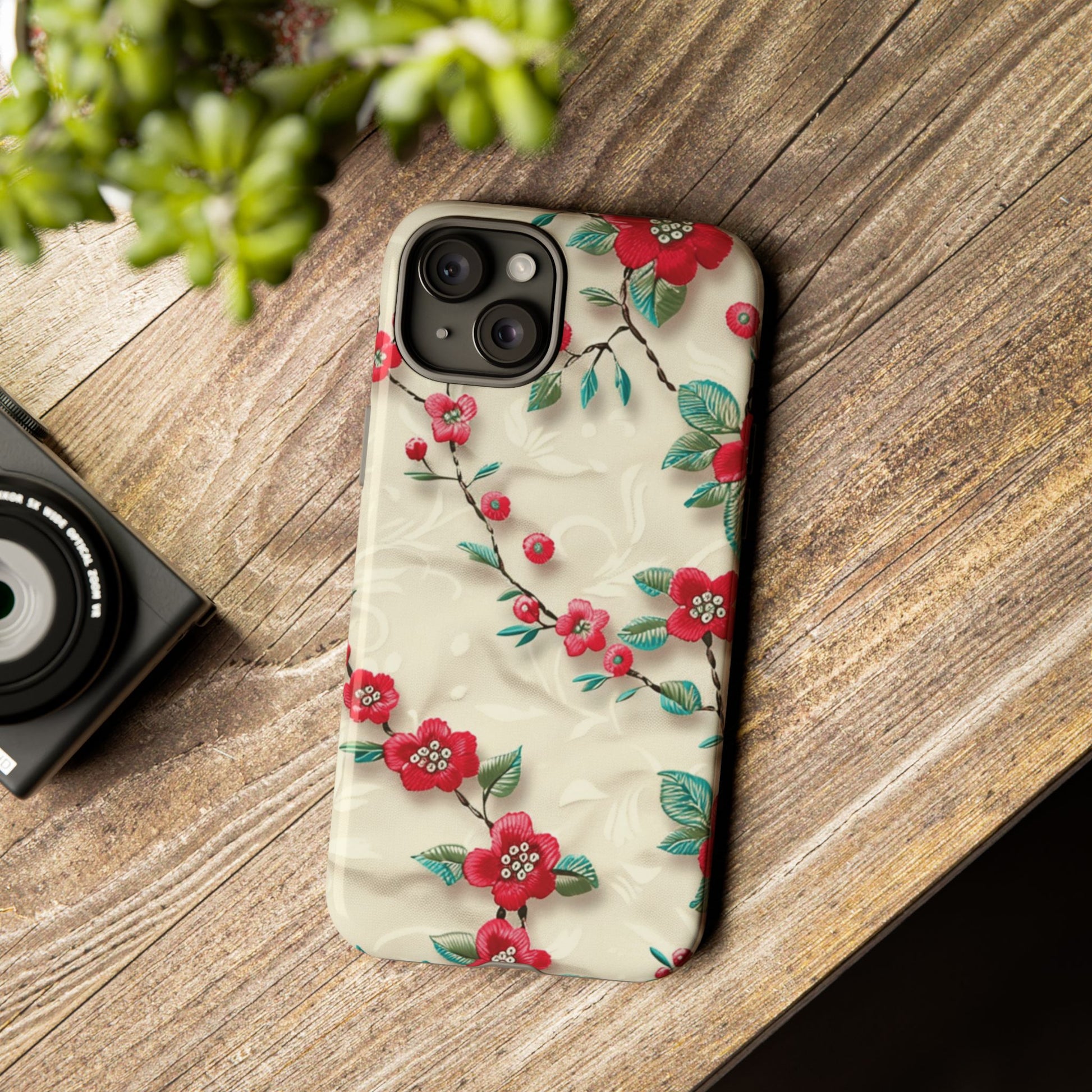 3D Embroidery Illusion Red Flowers Phone Case for iPhone, Samsung Pixel Artistic Floral Protection 15 14 13 12, 21 23 Gift for Her Perfect for Floral Lover