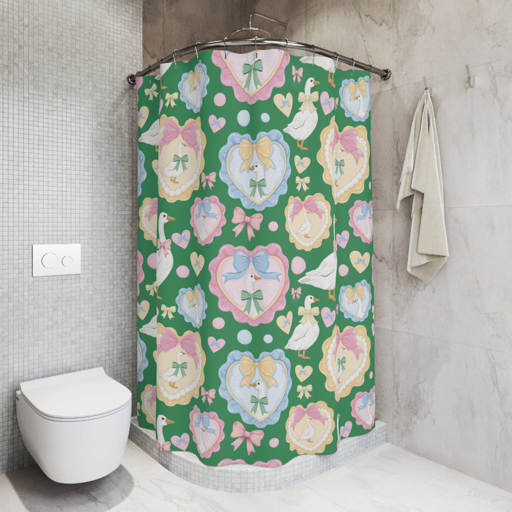 Green Silly Goose Shower Curtain with Pastel Bows & Hearts – Cozy Bathroom Decor