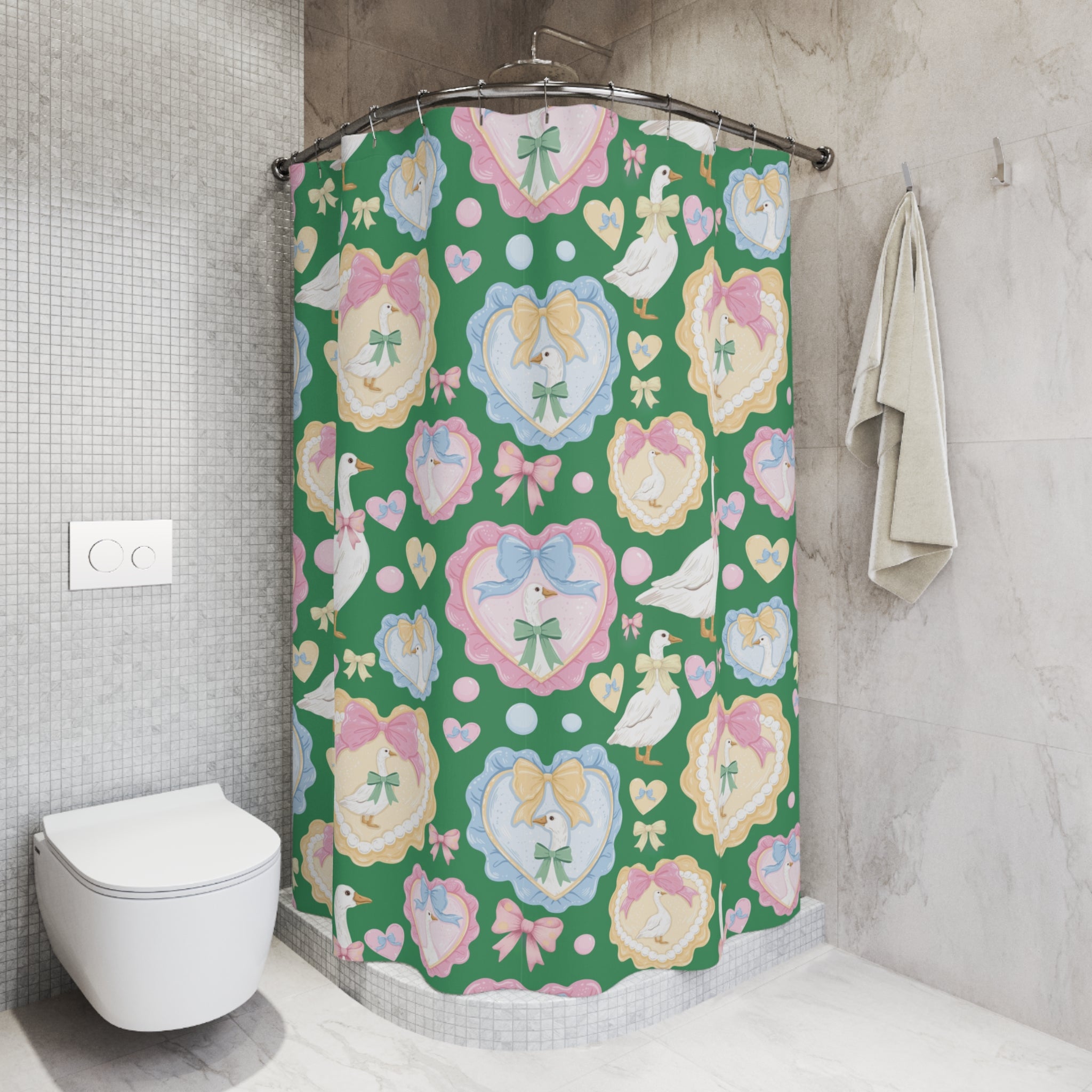 Green Silly Goose Shower Curtain with Pastel Bows & Hearts – Cozy Bathroom Decor