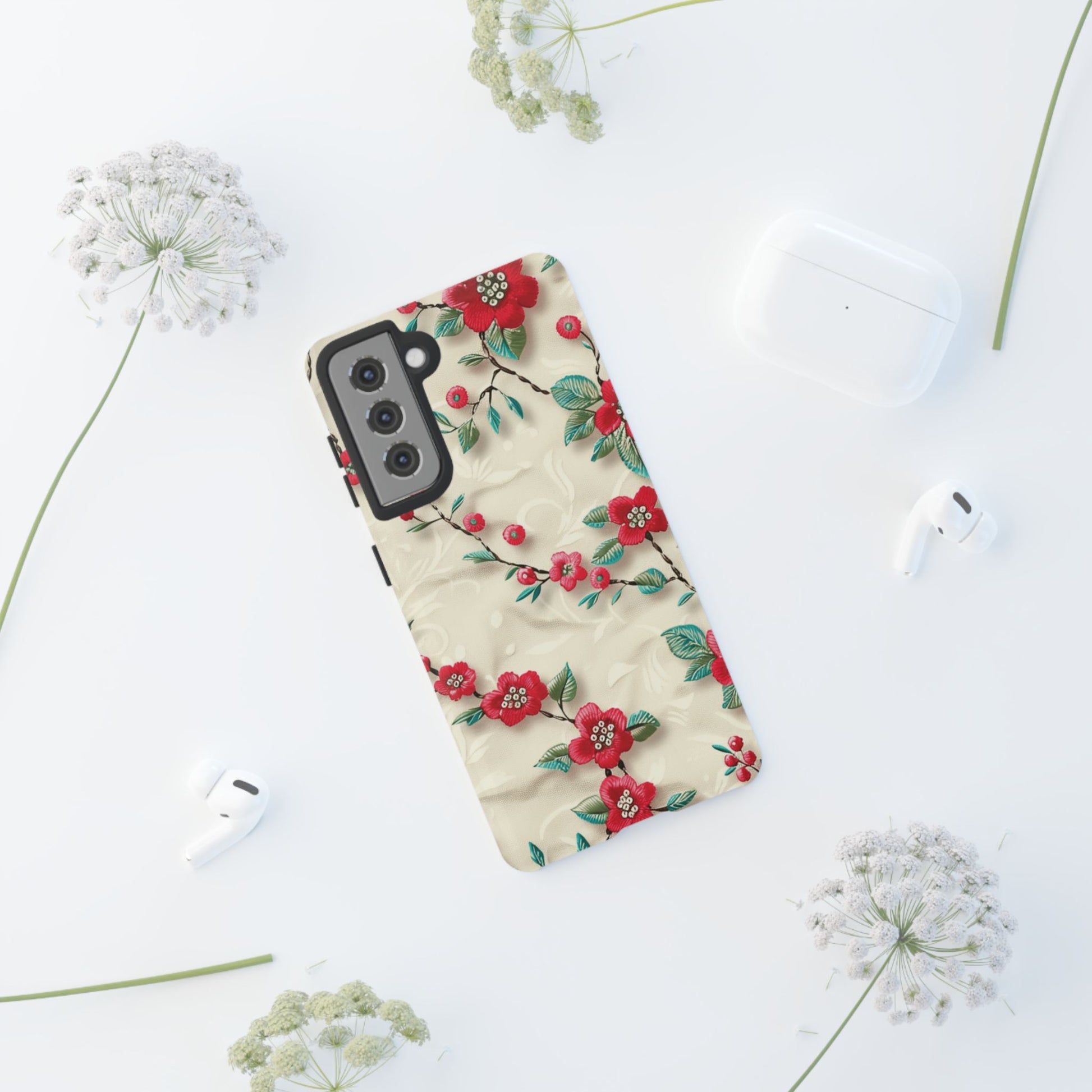 3D Embroidery Illusion Red Flowers Phone Case for iPhone, Samsung Pixel Artistic Floral Protection 15 14 13 12, 21 23 Gift for Her Perfect for Floral Lover