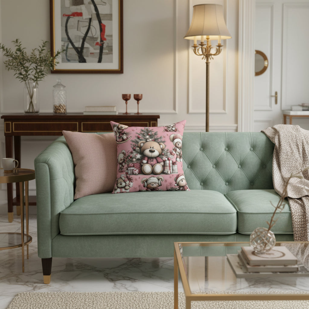 Decorative pillow with a teddy bear and Christmas tree design on a pink background