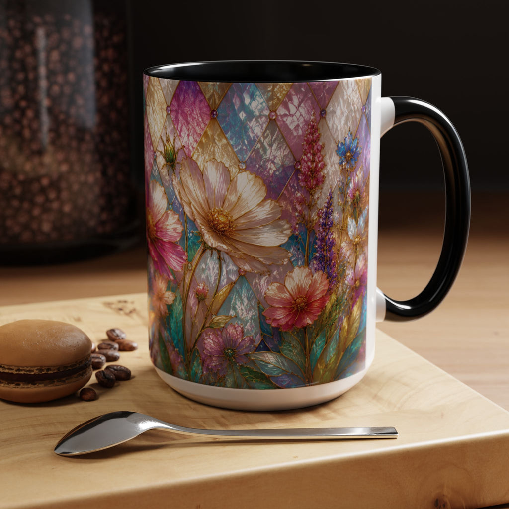 Floral Mosaic Accent Coffee Mug — Colorful Garden Flowers 11/15oz Stain Glass Illusion