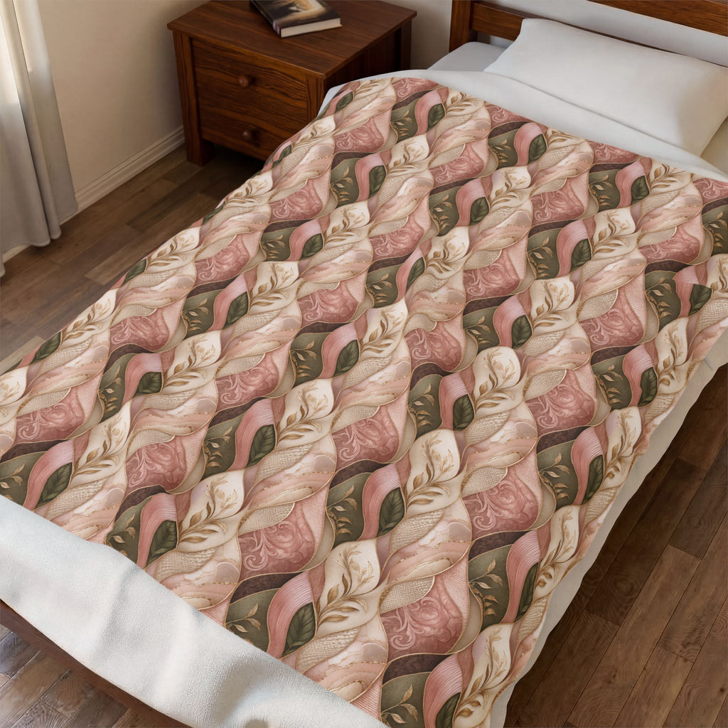 Velveteen Plush Blanket — Cozy Braided Leaf Pattern Throw (Soft Floral Earth Tones)