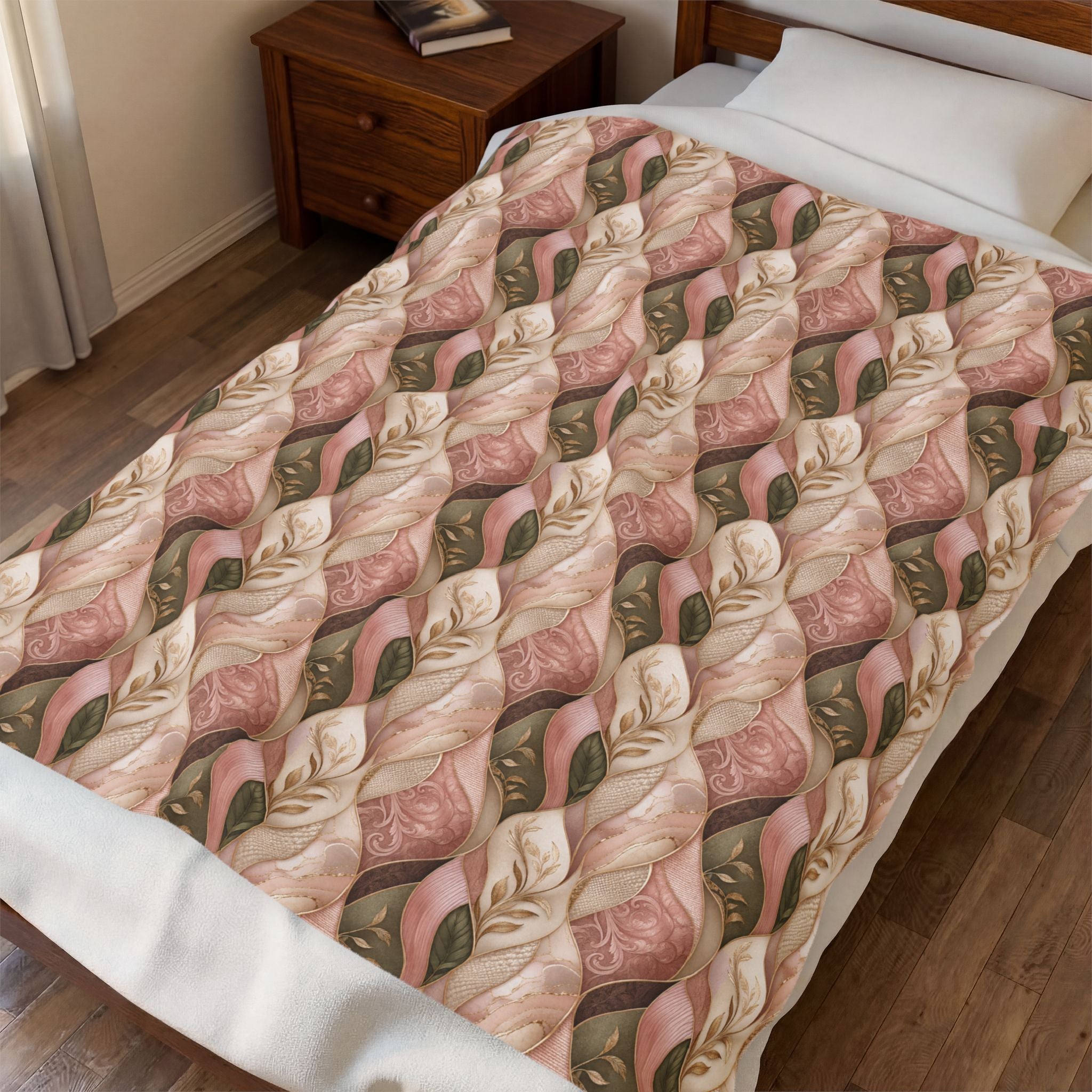 Velveteen Plush Blanket — Cozy Braided Leaf Pattern Throw (Soft Floral Earth Tones)