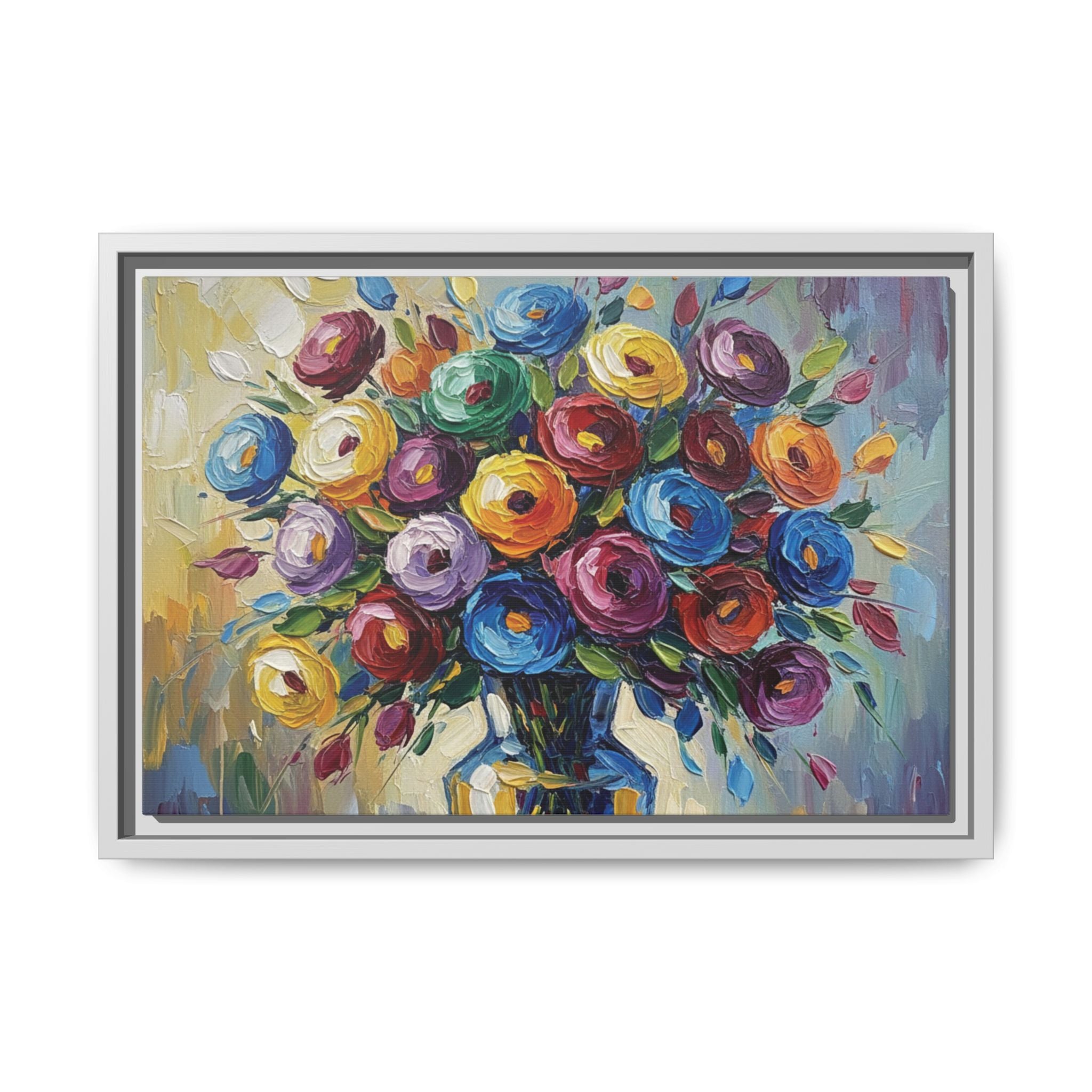 Impression sur toile bouquet floral aquarelle - Tableau mural encadré mat - Illusion de peinture à l'huile vibrante