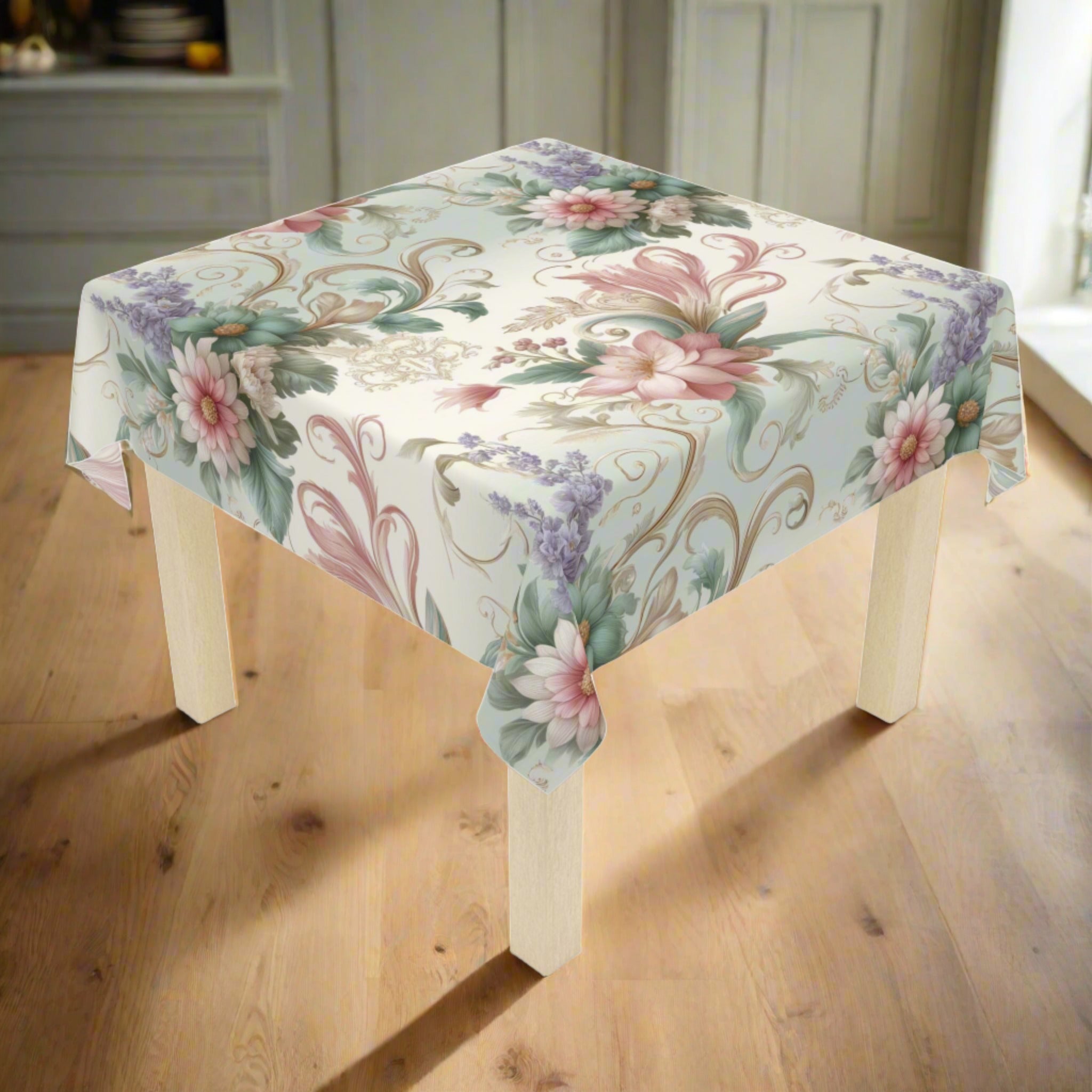 Elegant Floral Pastel Tablecloth with Delicate Leaves and Gold Accents - Perfect for Adding a Sophisticated Charm to Your Dining Room Weddings, Birthdays all Events  and Occasions - MRSBYVALLE