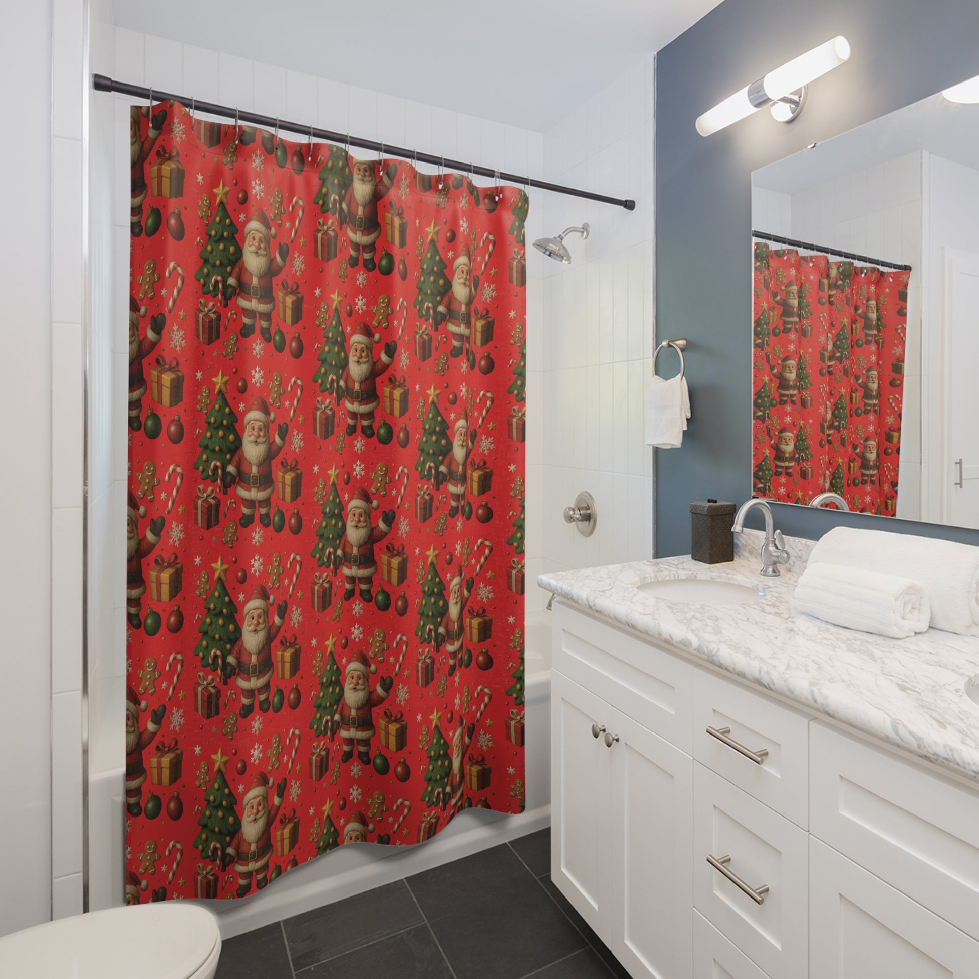 Santa & Tree Christmas Shower Curtain  Holiday Bathroom Decor with Gingerbread, Candy Canes, Ornaments Festive Winter Home Accent Hooks Not Included