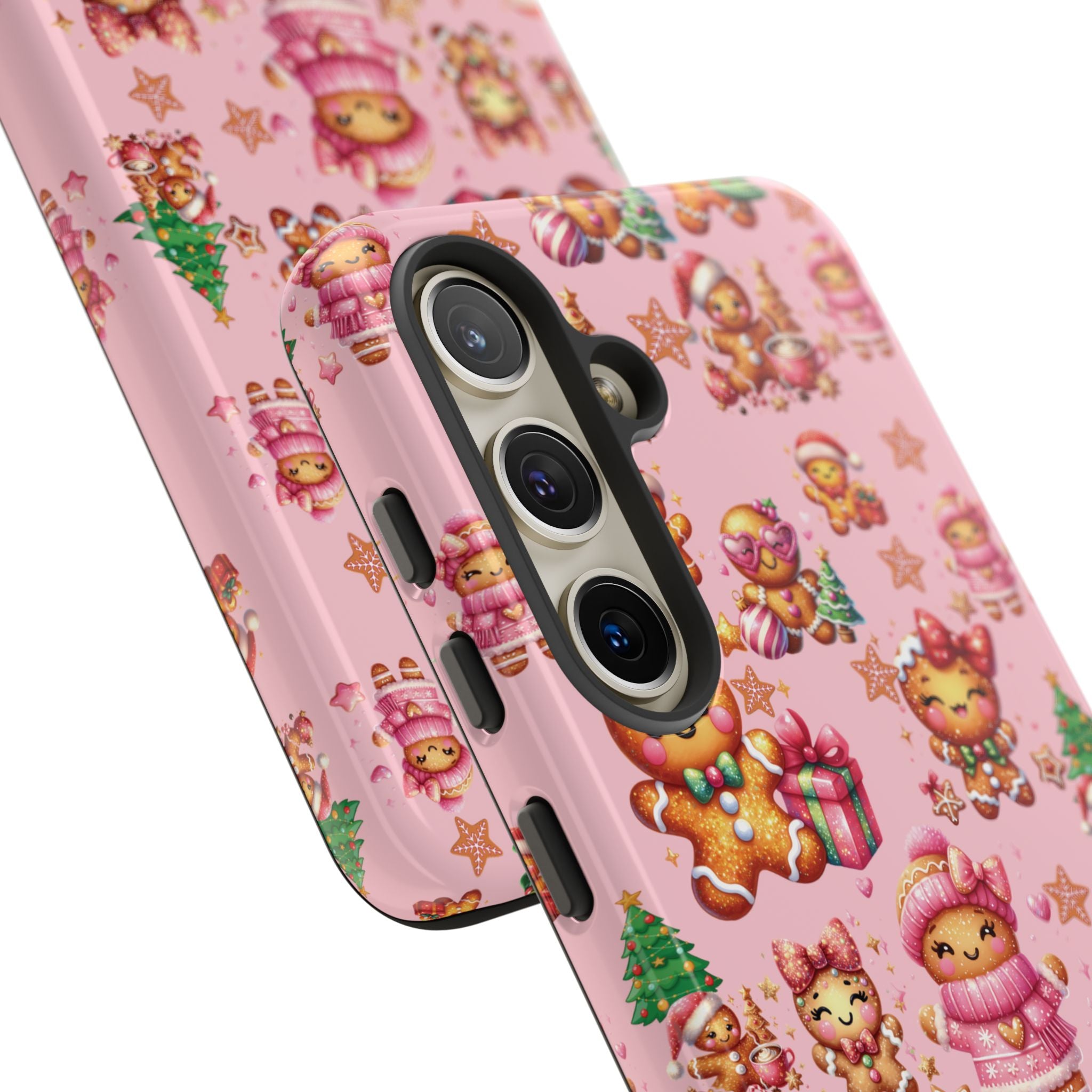 Coque de téléphone en forme de petite fille pain d'épices rose adorable, ambiance girly pour les fêtes, esthétique douce de Noël, idée cadeau mignonne et festive pour elle, housse de protection amusante