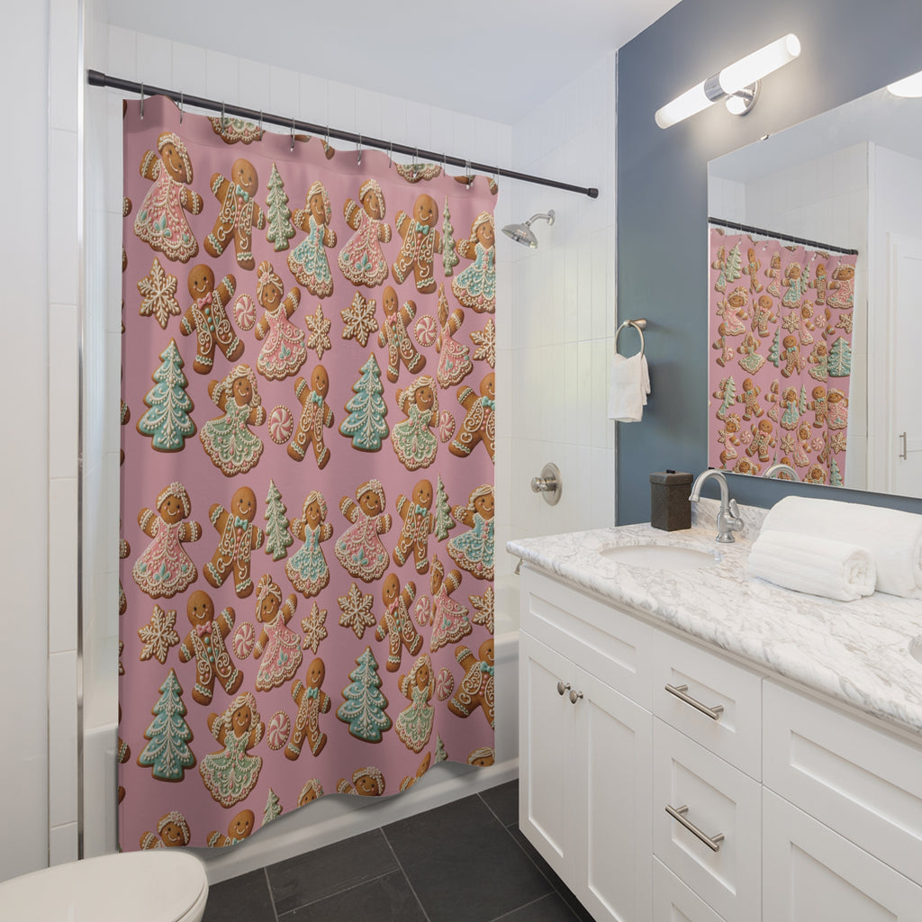 Gingerbread Holiday Shower Curtain — Pink Cookie Pattern with Trees, Angels & Snowflakes