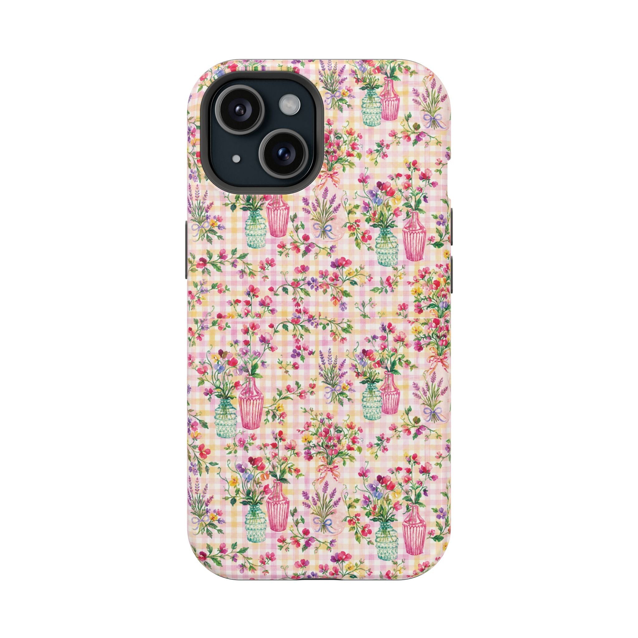Turquoise & Pink Floral Checker Phone Case — Magnetic Impact-Resistant