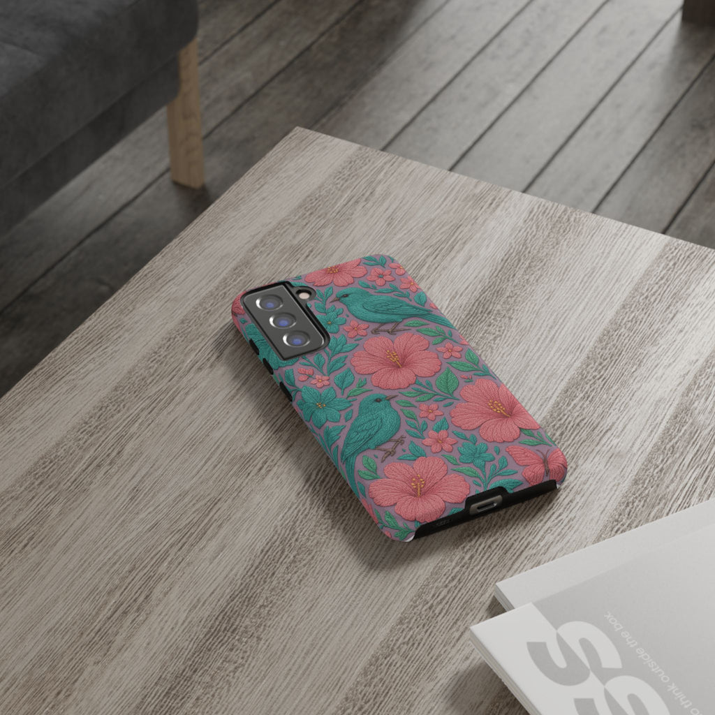 Turquoise, Pink and Lavender 3D Embroidery Illusion Phone Case Tropical Flowers, Birds & Butterflies Cover with Bold, Realistic Floral Texture iPhone, Samsung