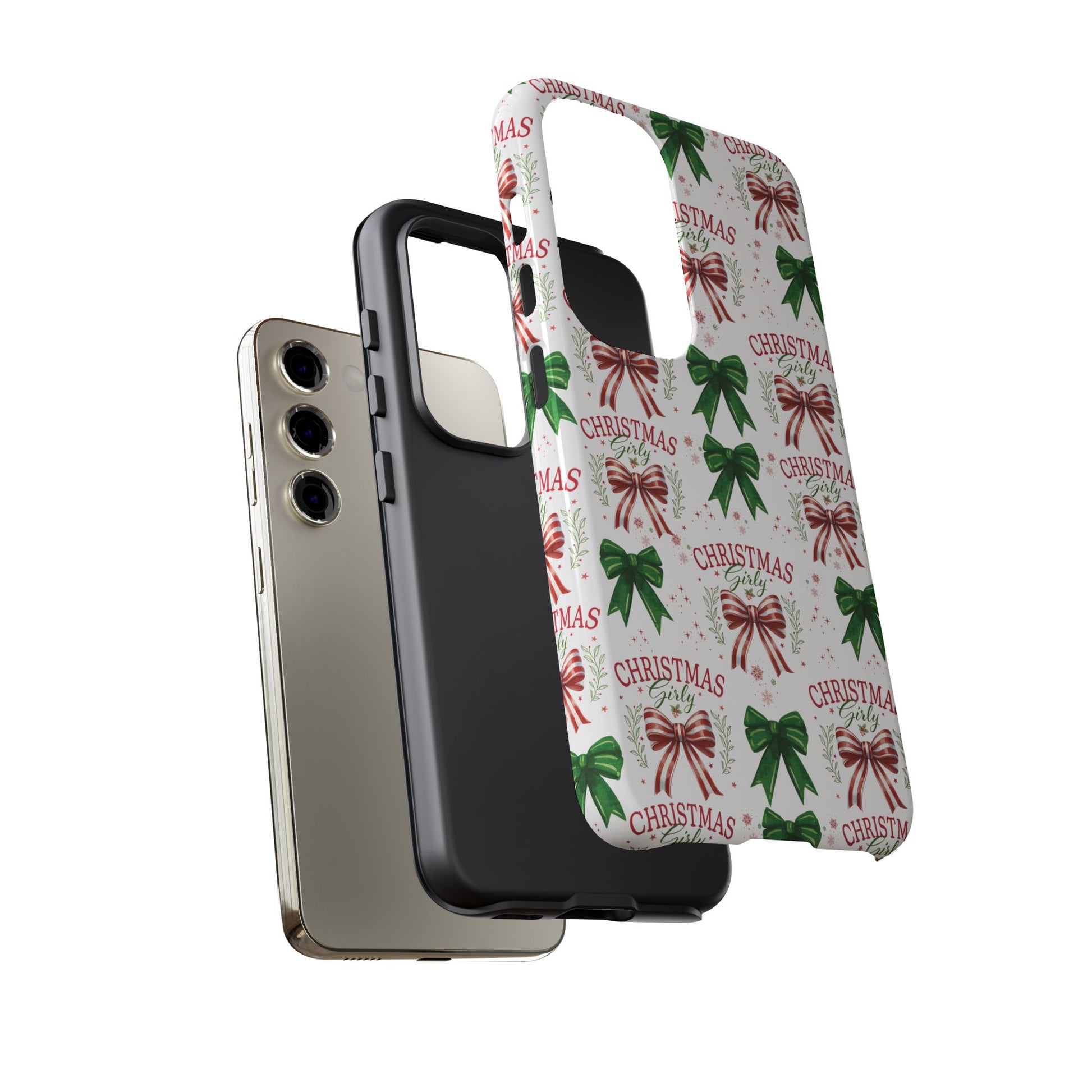 Girly Christmas Coquette Bows Pastel Phone Case for iPhone 17 16 15 23 Samsung, and Pixel | Stylish Protective Cover Gift for Her Perfect for Floral Lover