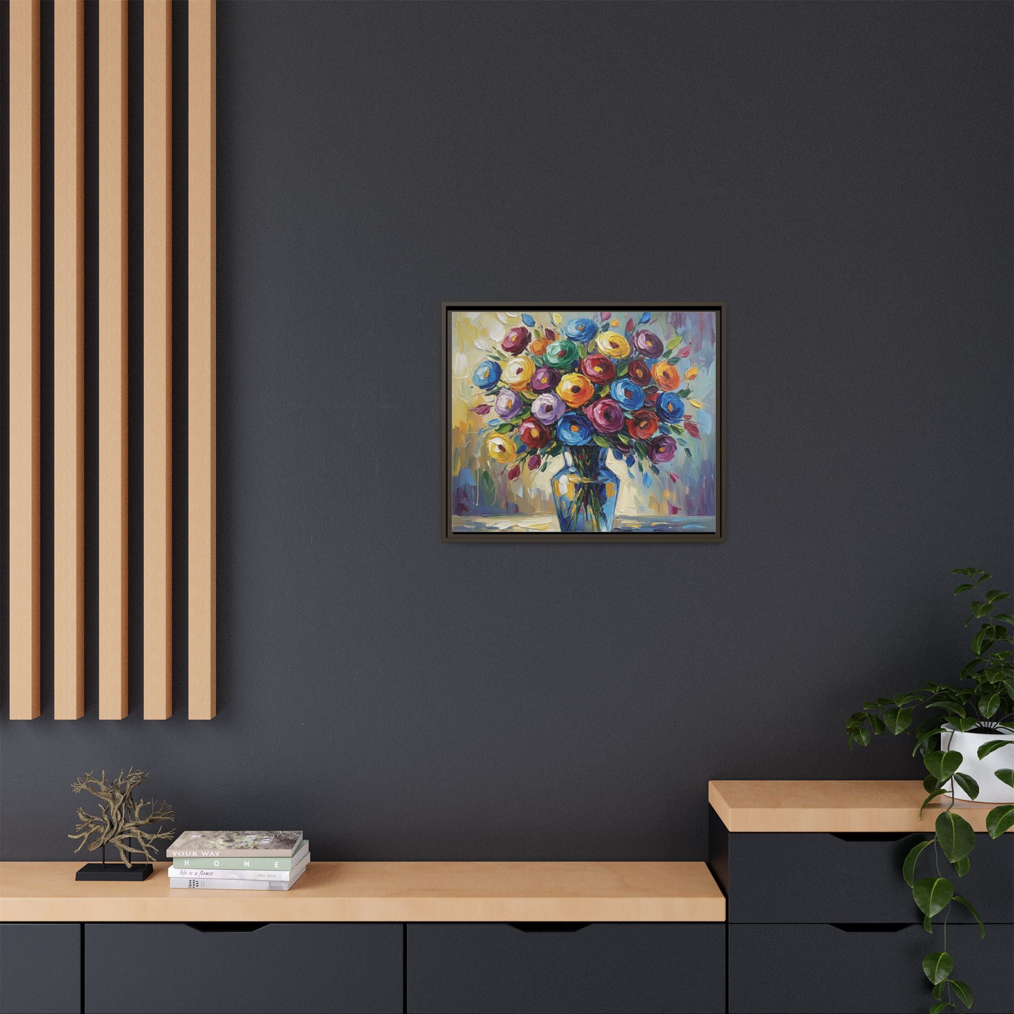 Impression sur toile bouquet floral aquarelle - Tableau mural encadré mat - Illusion de peinture à l'huile vibrante