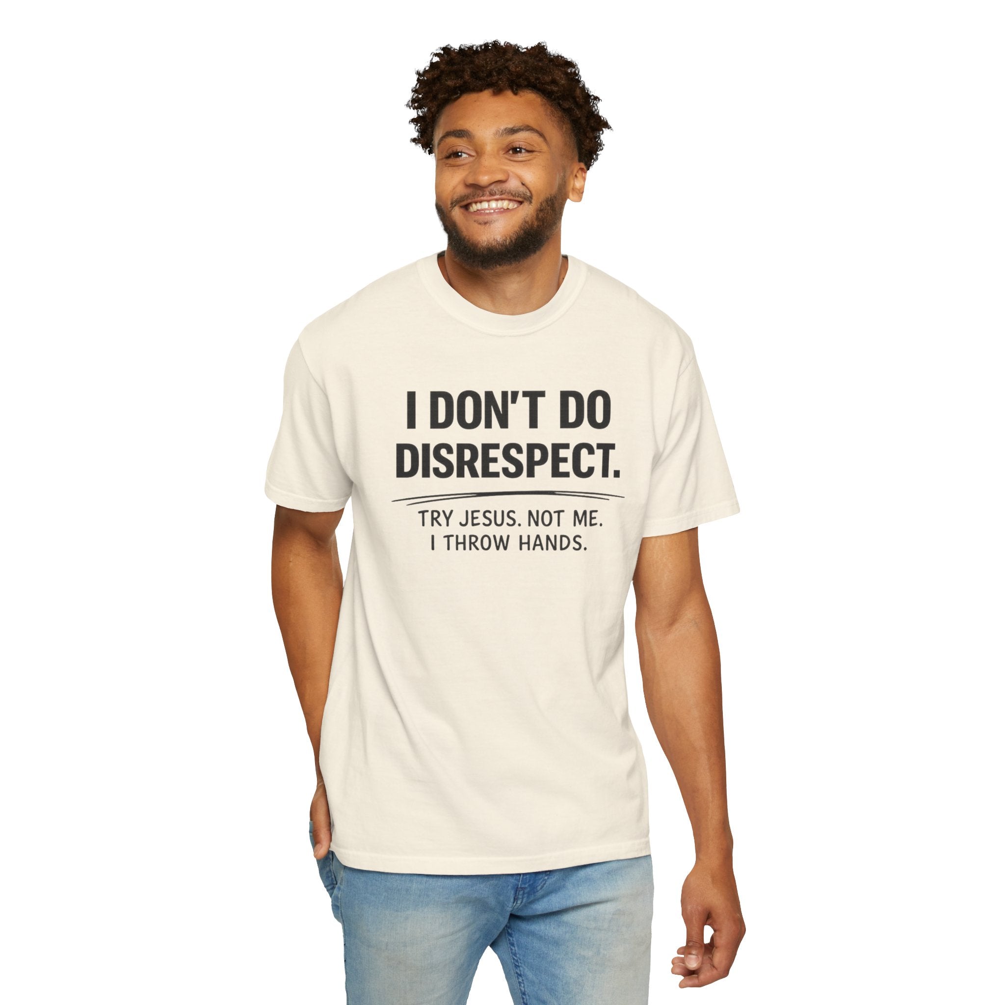 Man wearing a white t-shirt with a humorous text design on a white background