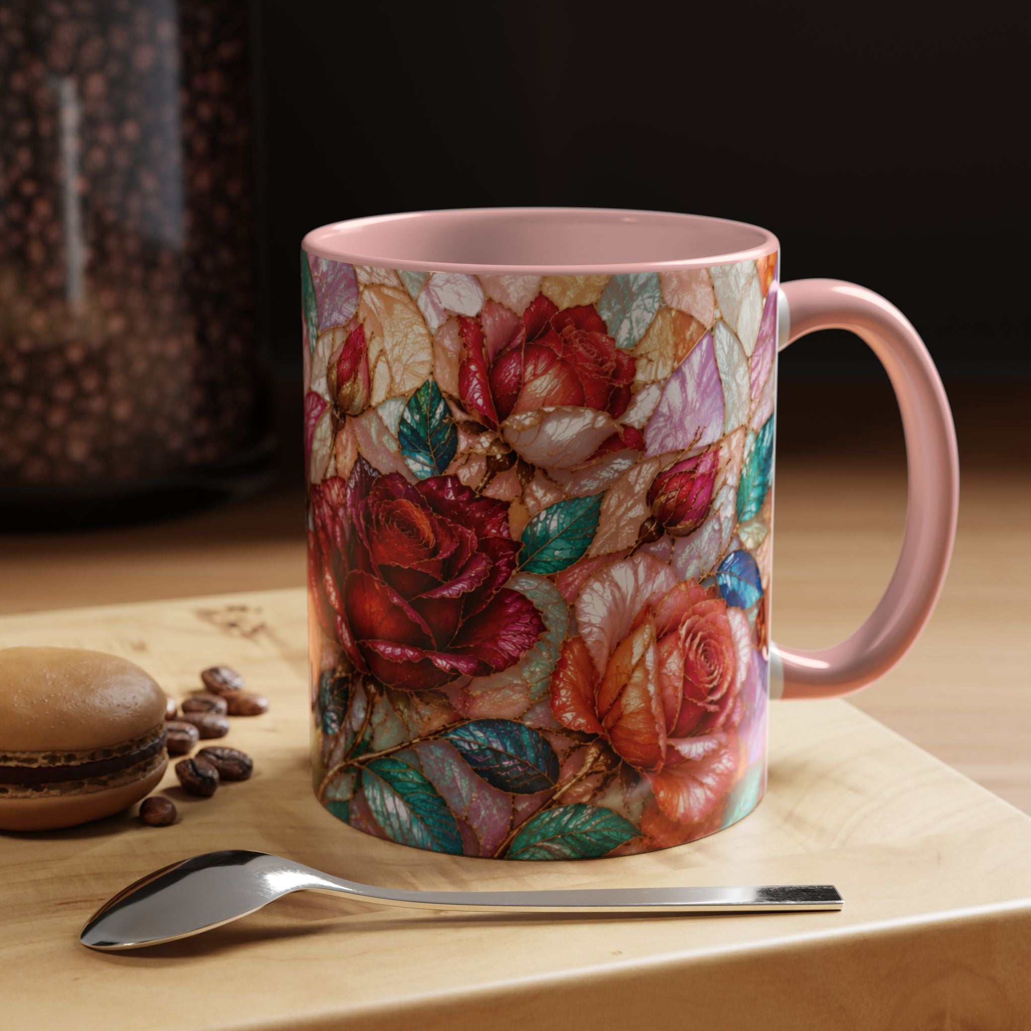 Floral Stained-Glass Accent Coffee Mug Colorful Rose Pattern (11/15 oz) Gift for Her