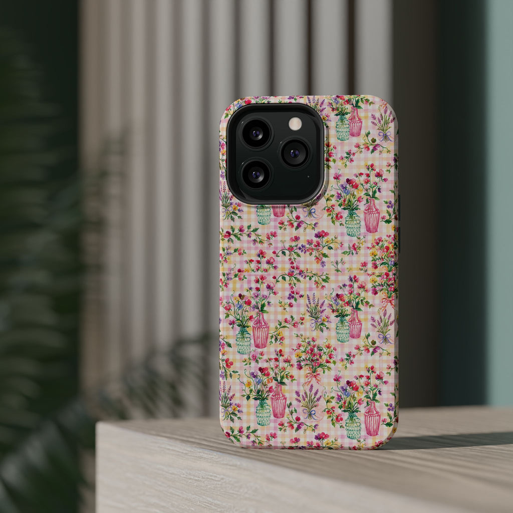 Turquoise & Pink Floral Checker Phone Case — Magnetic Impact-Resistant