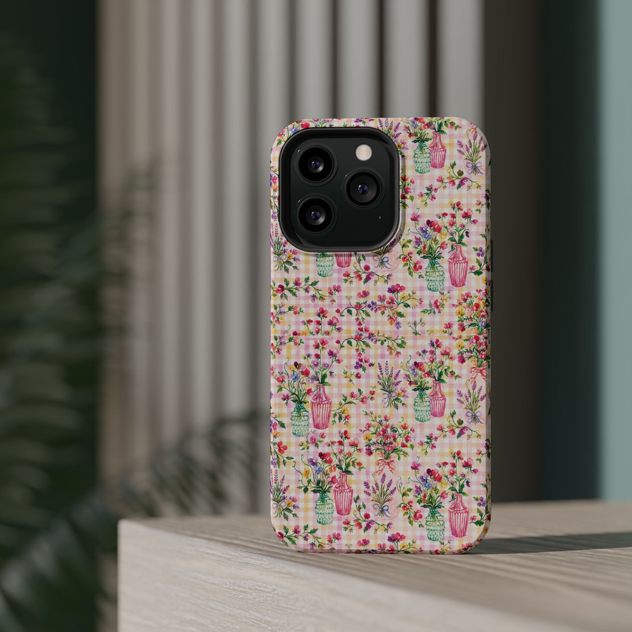 Turquoise & Pink Floral Checker Phone Case — Magnetic Impact-Resistant