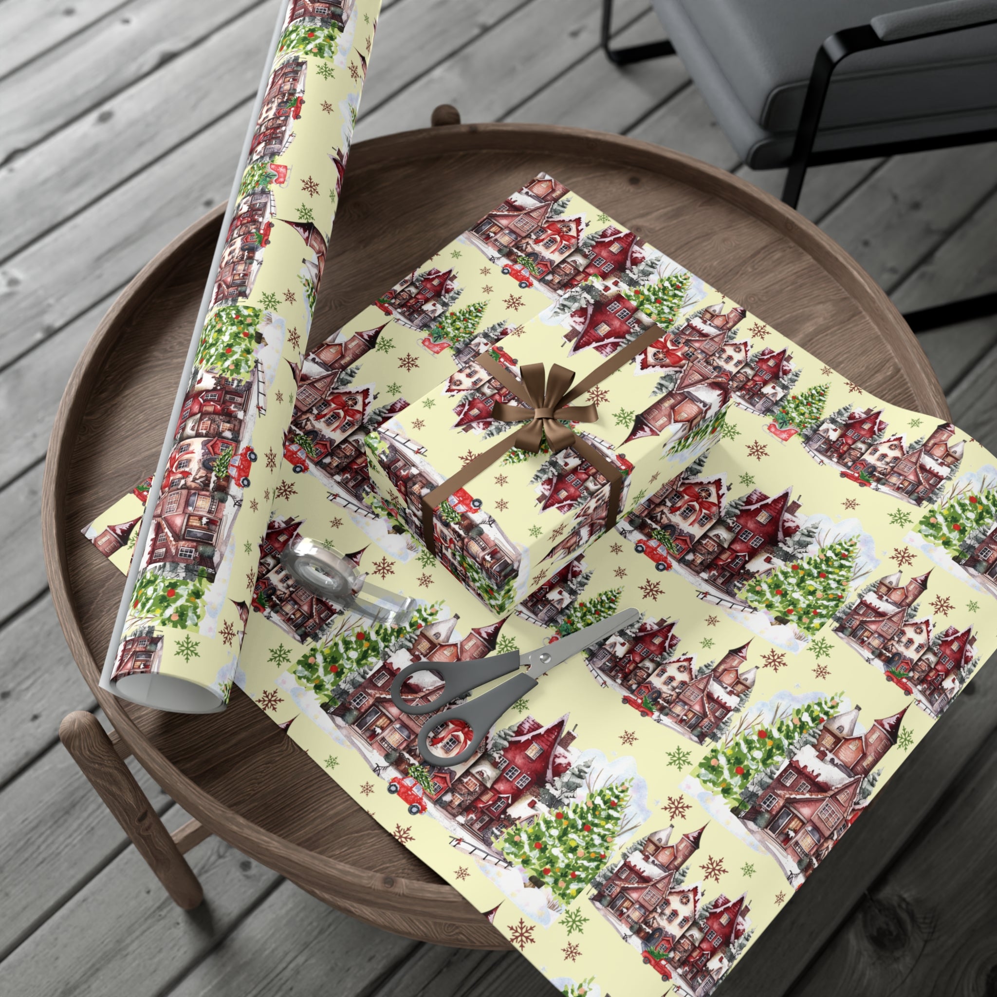 Christmas Village Wrapping Paper Whimsical Winter Wonderland with Pastel Trees, Snowflakes, and Festive Gifts Perfect for a Magical Holiday Season in Matte/Satin, All Occasion - MRSBYVALLE
