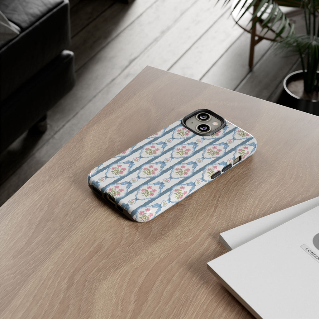 Coque de téléphone Vintage Nœud Bleu et Rose — Motif floral romantique « Tough Cases »
