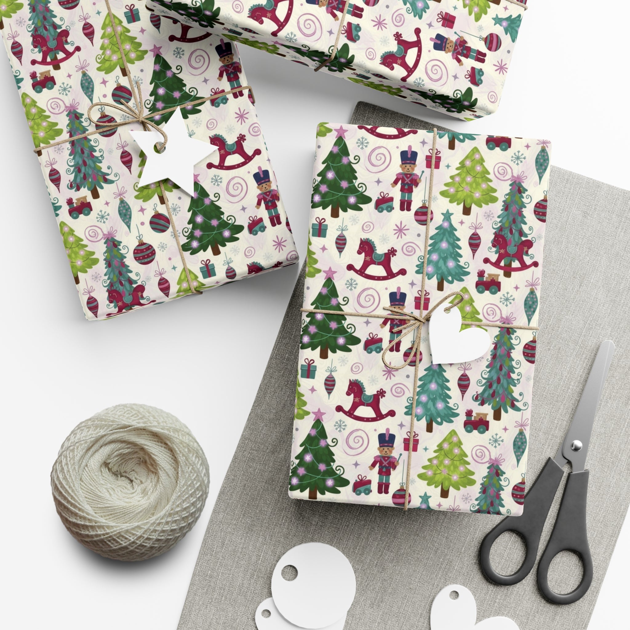 Festive Christmas wrapping paper with toys, trees & holiday icons. Available in 3 sizes—perfect for gifts, parties & seasonal décor.