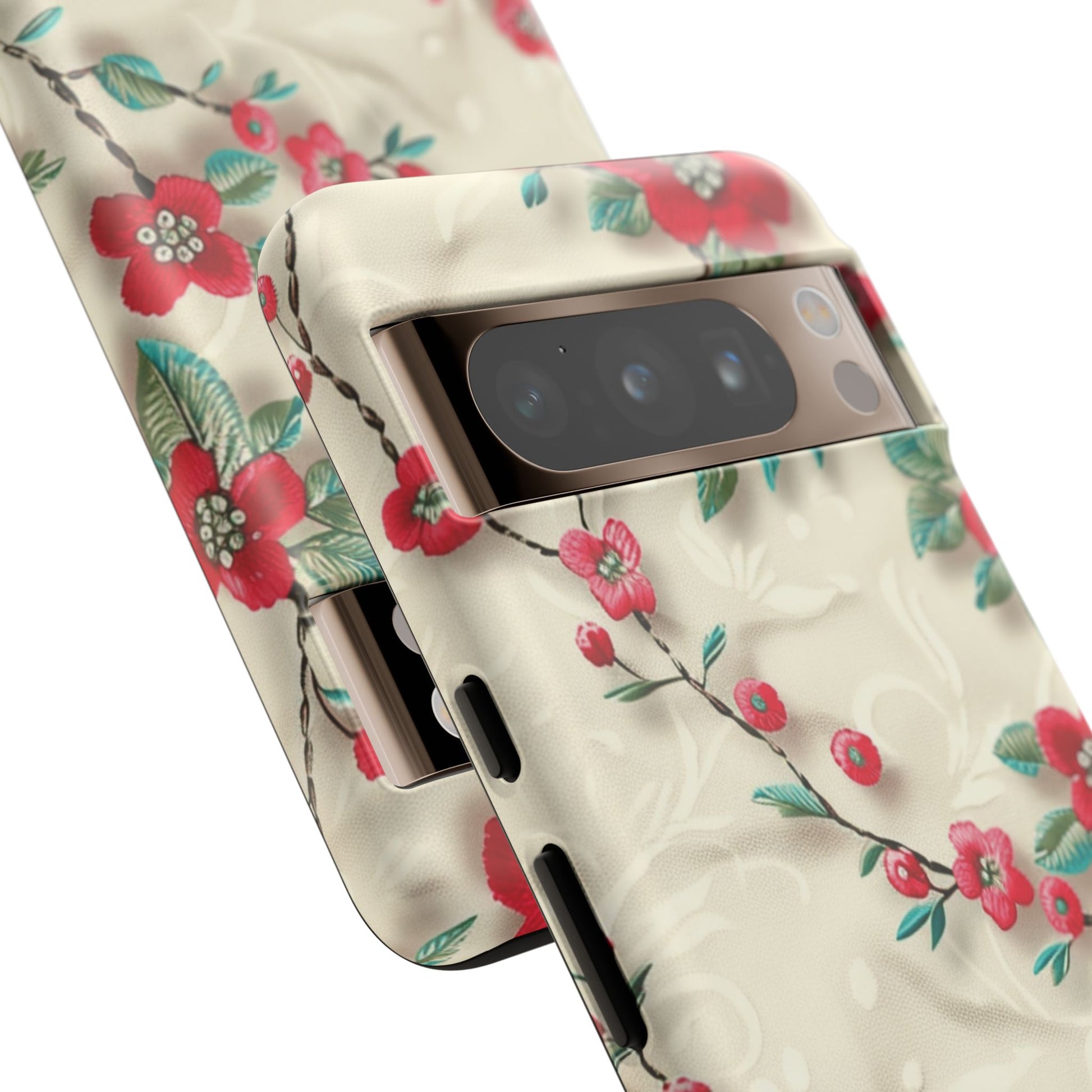 3D Embroidery Illusion Red Flowers Phone Case for iPhone, Samsung Pixel Artistic Floral Protection 15 14 13 12, 21 23 Gift for Her Perfect for Floral Lover