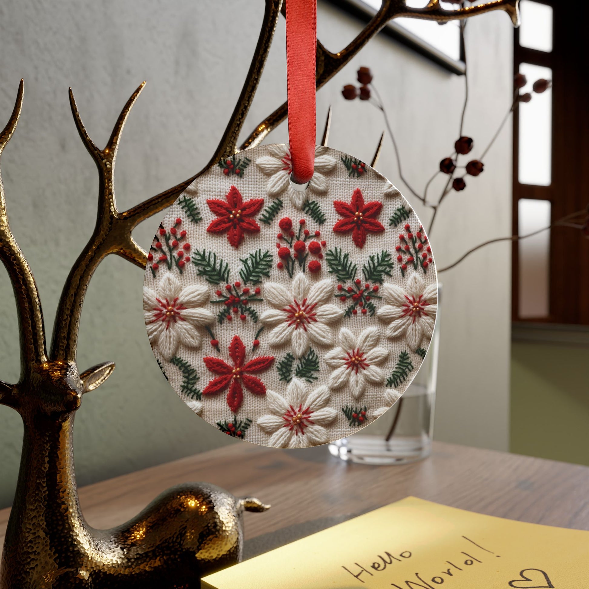 Charming 3D Knit Illusion Poinsettia Floral Ornament Festive Holiday Captivating Optical Illusion Perfect for Christmas Tree, Gift Acrylic with Ribbon Perfect Gift for Tree, Home, Holiday Keepsake Ideal for Tree Trimming - MRSBYVALLE
