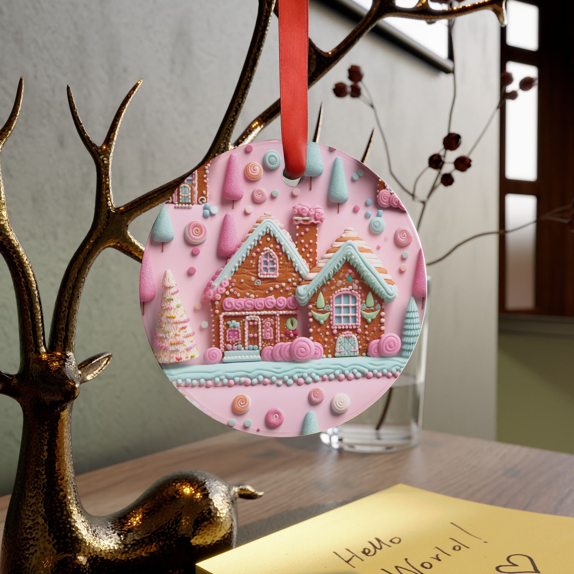 Charming 3D Clay Illusion Pink Gingerbread House Ornament Festive Holiday Captivating Optical Perfect for Christmas Tree, Gift Acrylic with Ribbon Perfect Gift for Tree, Home, Holiday Keepsake Ideal for Tree Trimming - MRSBYVALLE