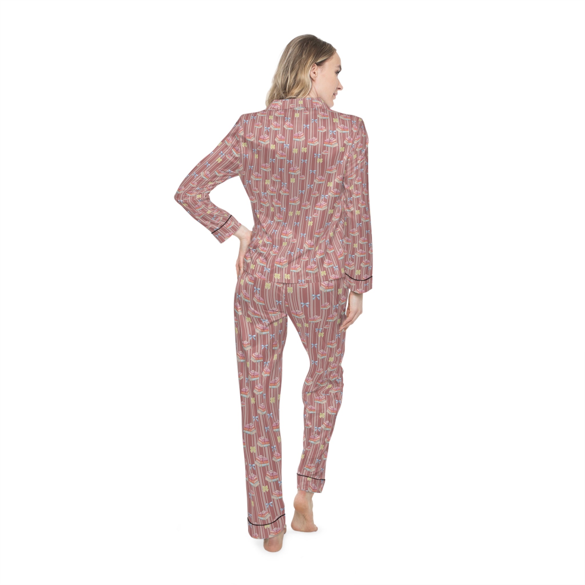 Satin Pajamas,Bookish with Bows Pajamas, Cozy Luxury Sleepwear Perfect Gift