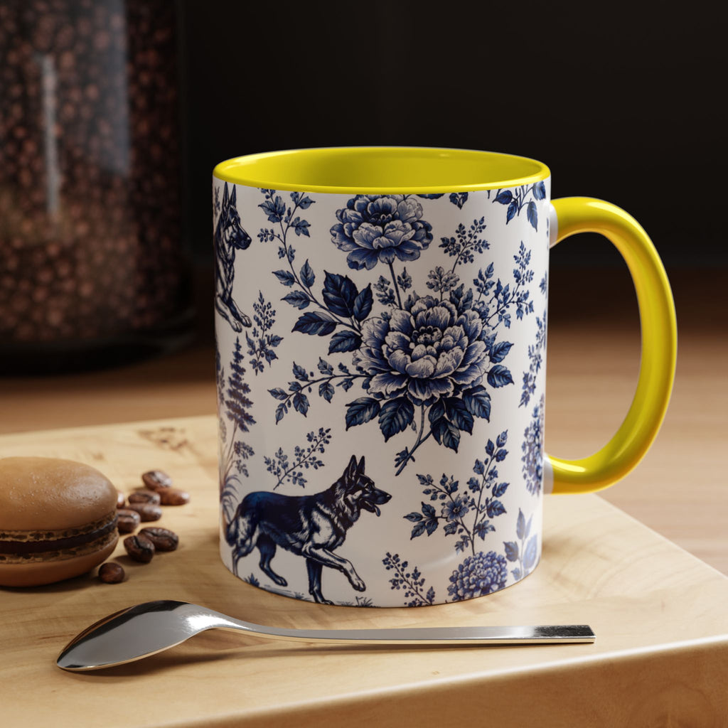 Elegant German Shepherd Floral Mug | Luxury Blue Toile Coffee Mug 11/15oz Accent Ceramic