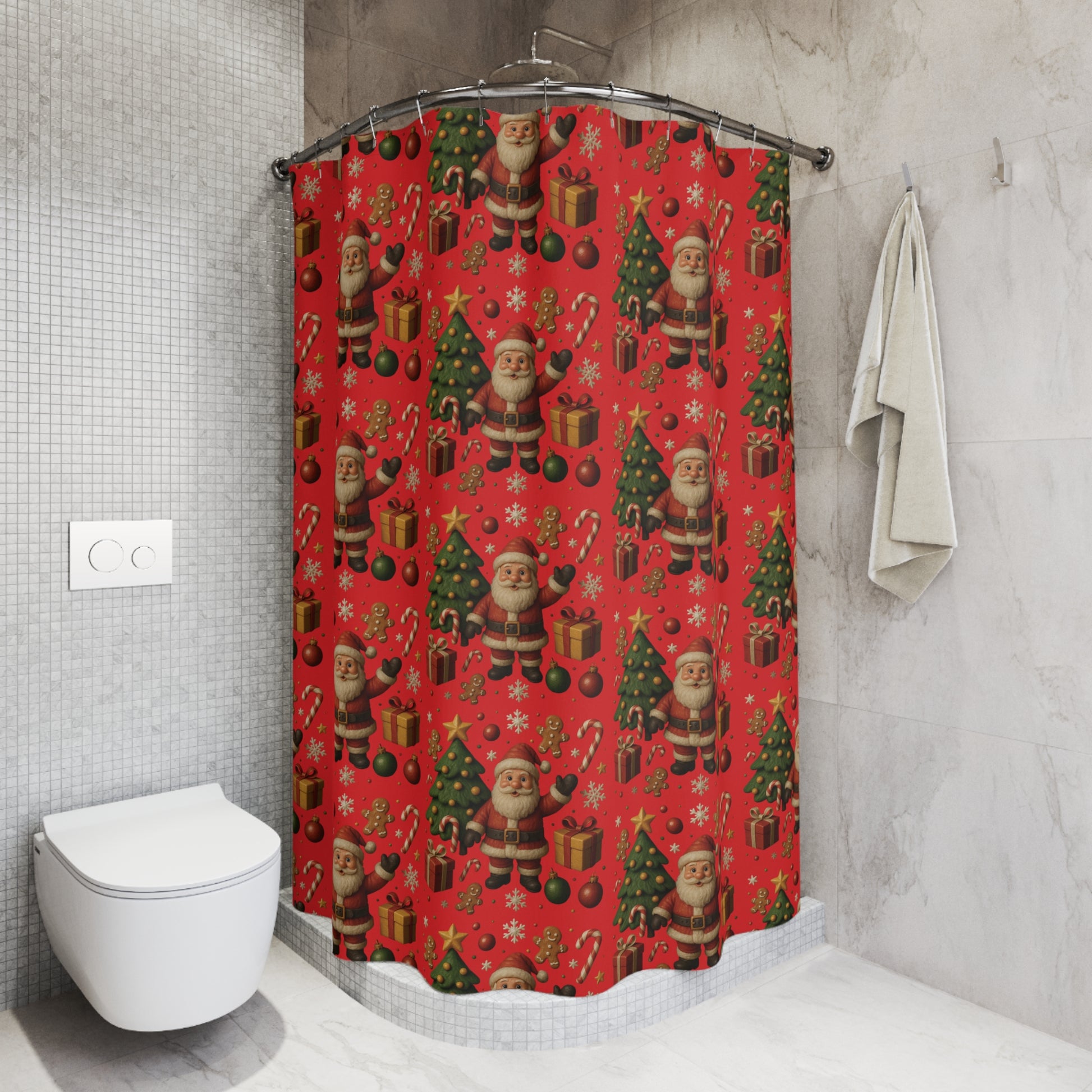 Santa & Tree Christmas Shower Curtain  Holiday Bathroom Decor with Gingerbread, Candy Canes, Ornaments Festive Winter Home Accent Hooks Not Included