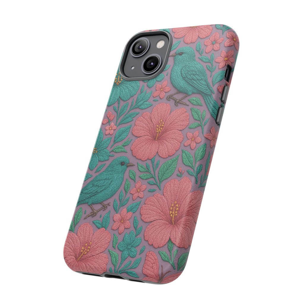 Turquoise, Pink and Lavender 3D Embroidery Illusion Phone Case Tropical Flowers, Birds & Butterflies Cover with Bold, Realistic Floral Texture iPhone, Samsung