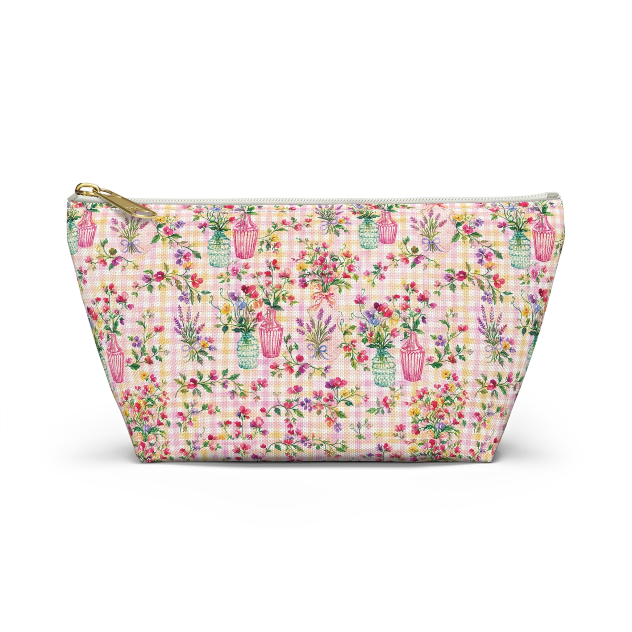 Turquoise & Pink Floral Checker Accessory Pouch (T-Bottom) Makeup, Bag Gift for Her