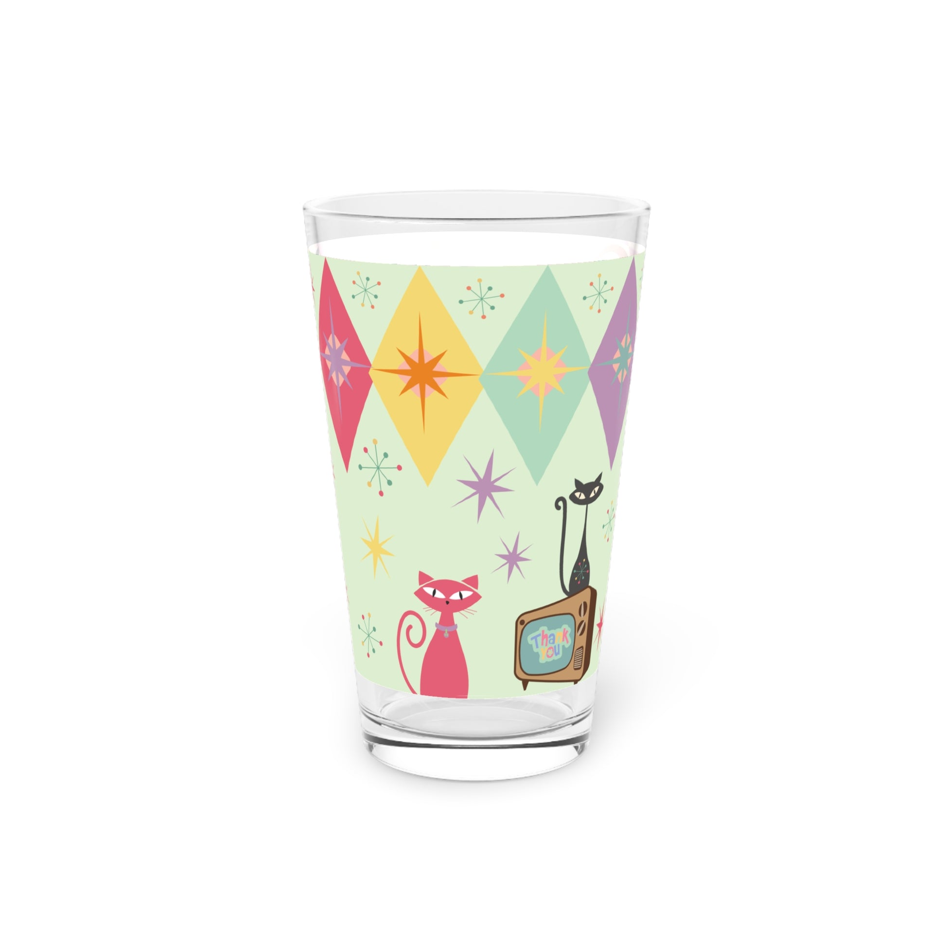 Pink and Mint Atomic Cat 16oz Pint Glass Mid-Century Modern Retro Style for Cocktails, Mocktails, Beer, and Water Perfect for Every Occasion Mother's Day Party Drinkware, Housewarming Perfect Gift Party Drinkware, Cocktail, Wedding Perfect for Parties - MRSBYVALLE