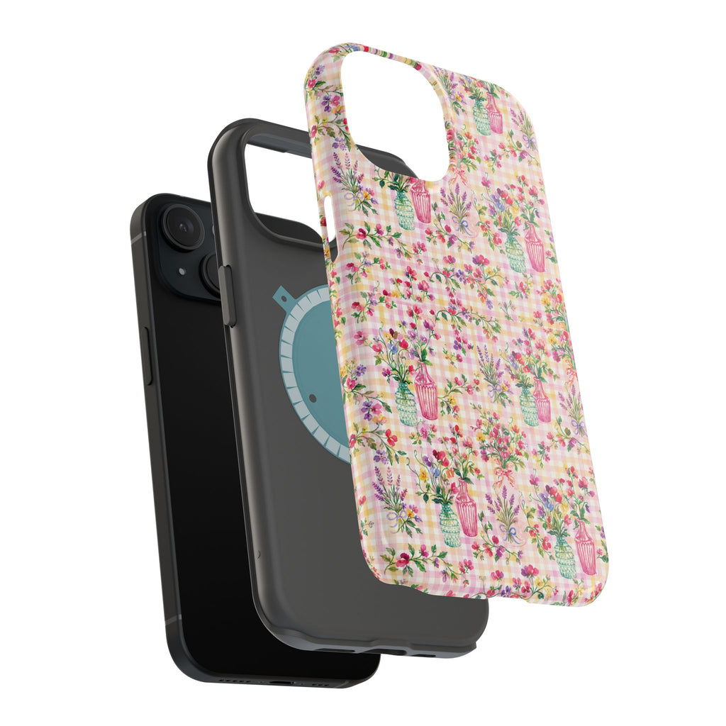Turquoise & Pink Floral Checker Phone Case — Magnetic Impact-Resistant