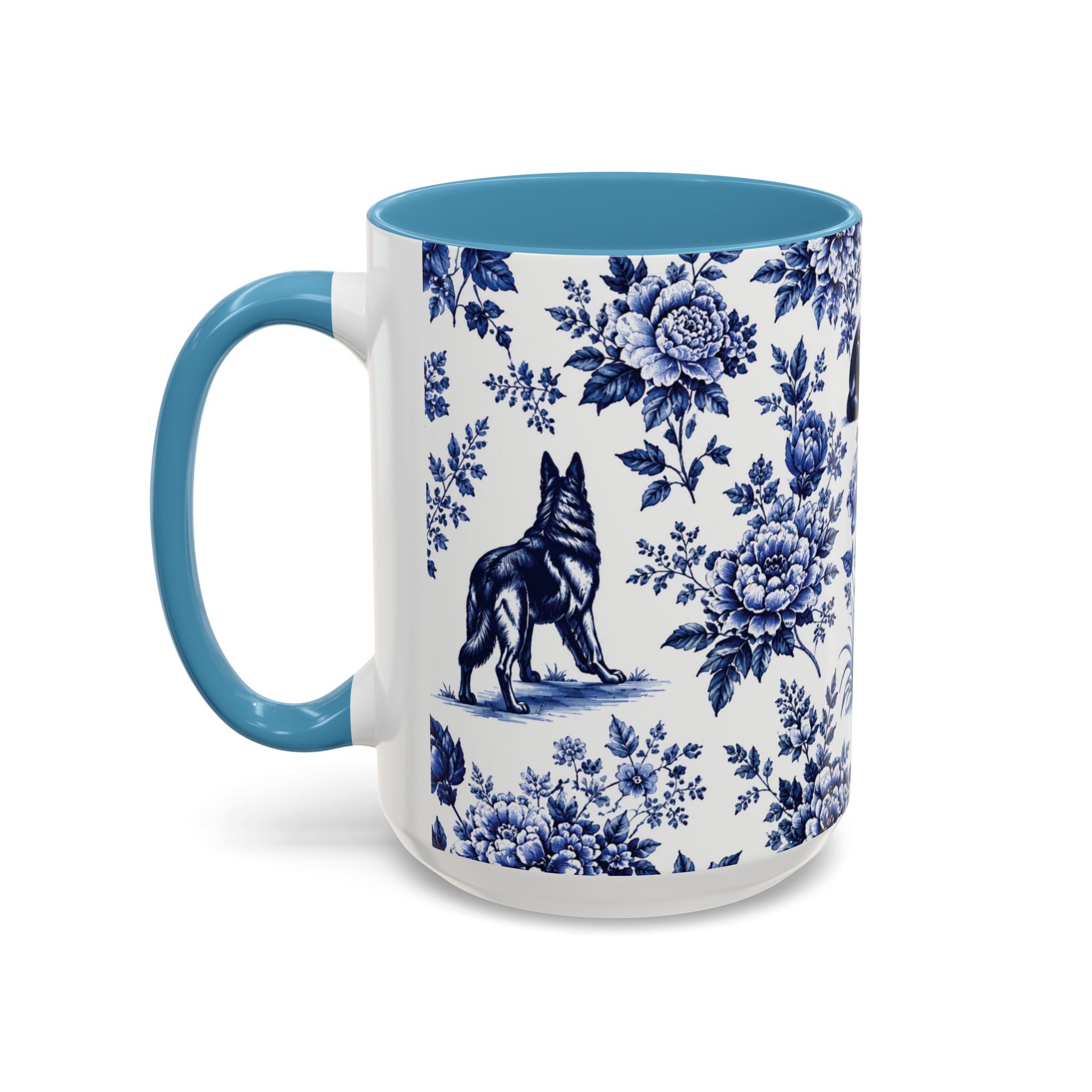 Elegant German Shepherd Floral Mug | Luxury Blue Toile Coffee Mug 11/15oz Accent Ceramic