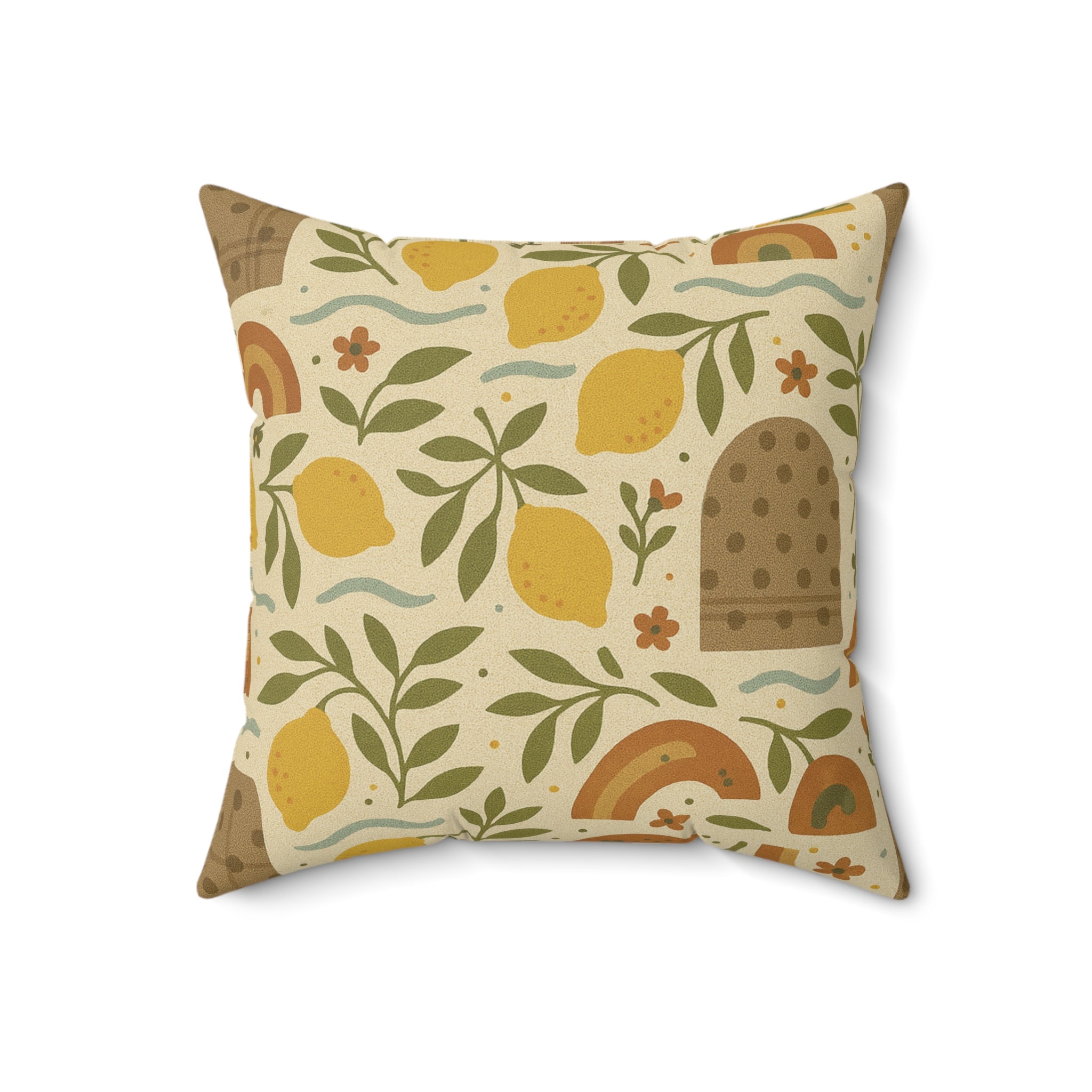 Boho Lemon Square Pillow  Decorative Throw Pillow with Yellow Lemons, Olive Branches & Floral Accents, Cozy Polyester Cover, Double-Sided Print, Zippered Bedroom, or Reading Nook