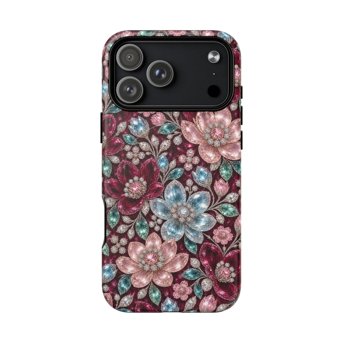 Floral faux Jewel Phone Case Sparkling Burgundy Flower Tough Magnetic Case 18 iPhone