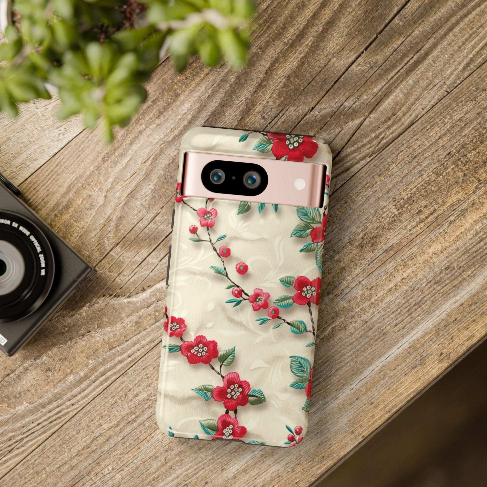 3D Embroidery Illusion Red Flowers Phone Case for iPhone, Samsung Pixel Artistic Floral Protection 15 14 13 12, 21 23 Gift for Her Perfect for Floral Lover