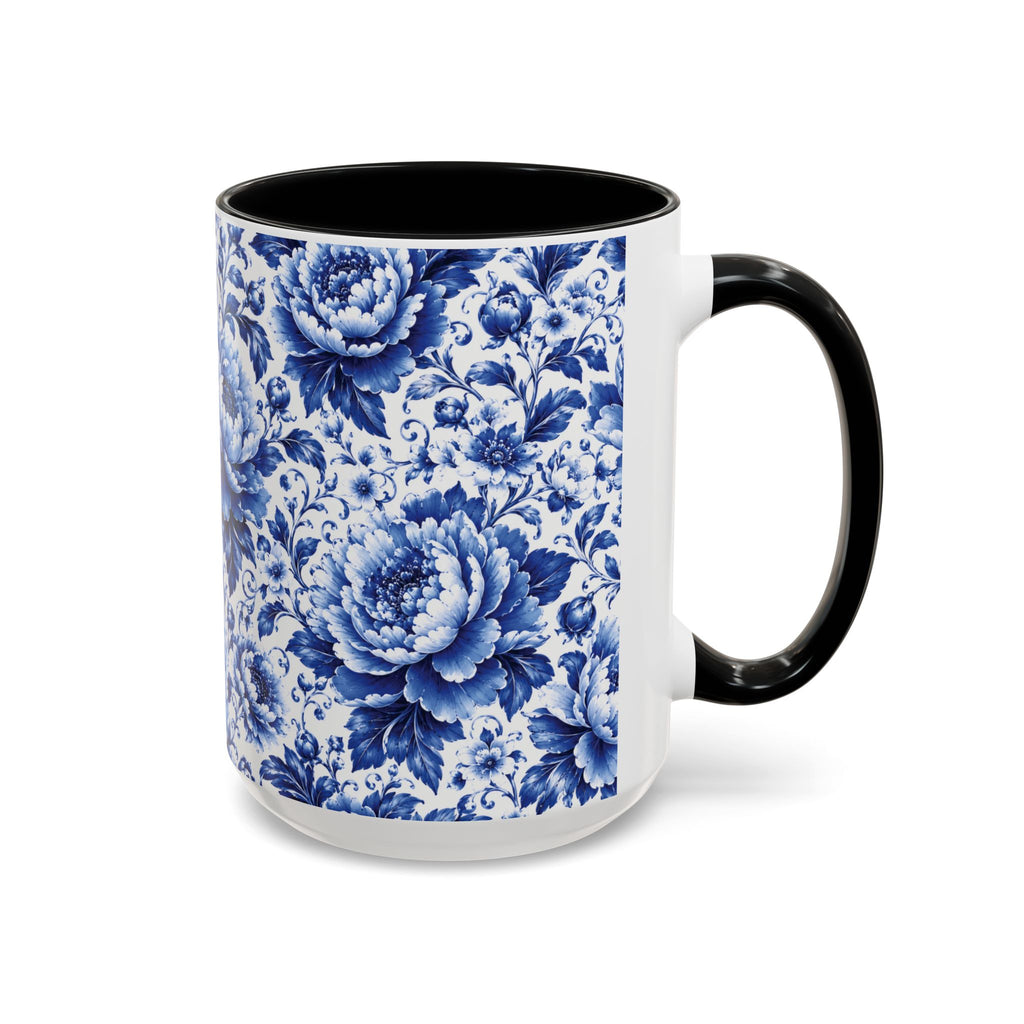 Blue Floral Ceramic Coffee Mug — Vintage Delft Peony Accent (11oz & 15oz) Blue & White Chinoiserie Tea Mug