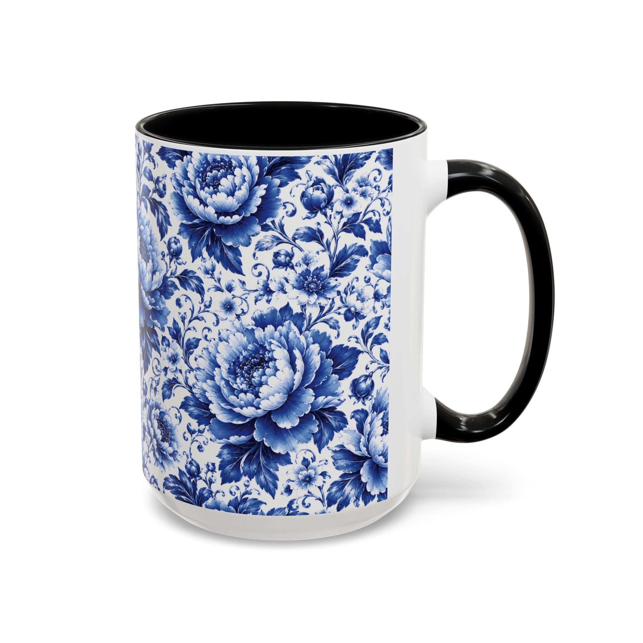 Blue Floral Ceramic Coffee Mug — Vintage Delft Peony Accent (11oz & 15oz) Blue & White Chinoiserie Tea Mug