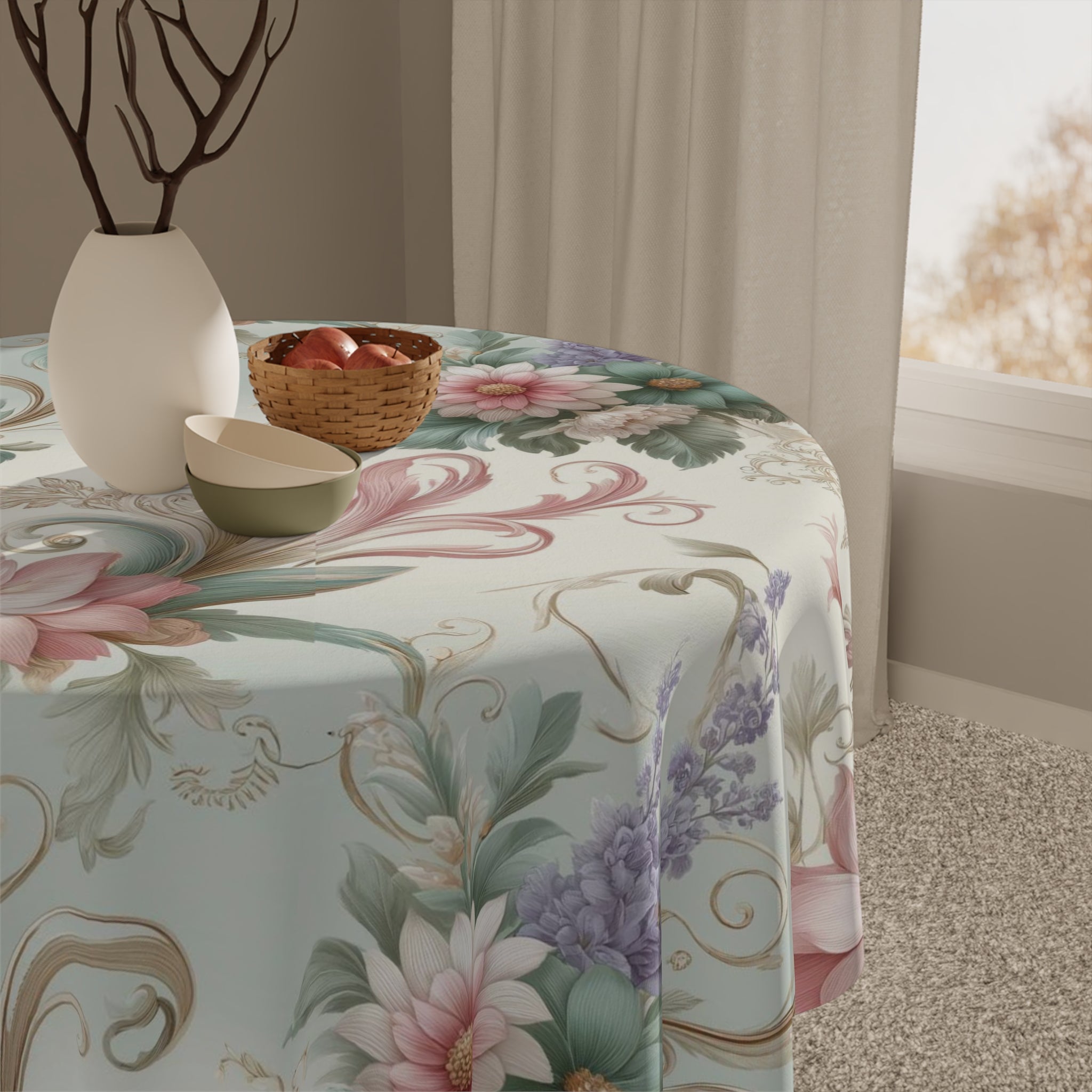 Elegant Floral Pastel Tablecloth with Delicate Leaves and Gold Accents - Perfect for Adding a Sophisticated Charm to Your Dining Room Weddings, Birthdays all Events  and Occasions - MRSBYVALLE