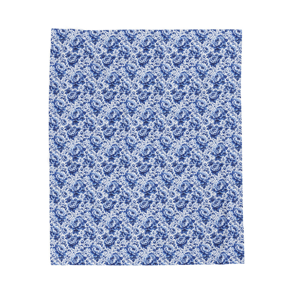 Blue Floral Velveteen Plush Blanket Soft Vintage Rose Throw Blue & White Chinoiserie Peony Elegant Floral Throw