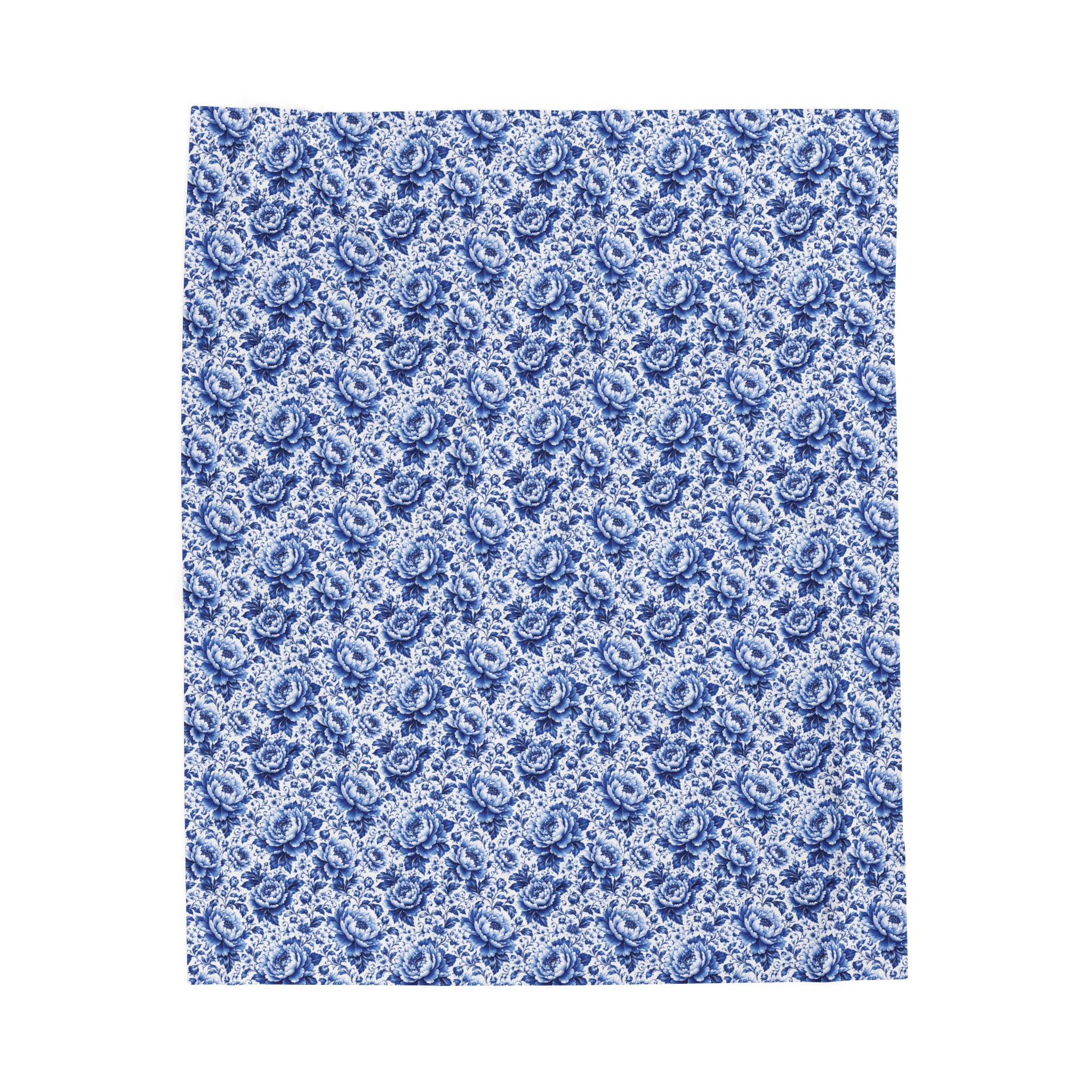 Blue Floral Velveteen Plush Blanket Soft Vintage Rose Throw Blue & White Chinoiserie Peony Elegant Floral Throw