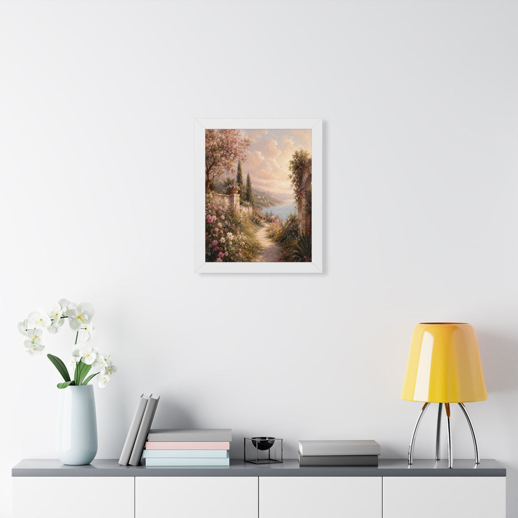 Mediterranean Garden Path Framed Vertical Poster | Coastal Landscape Wall Art