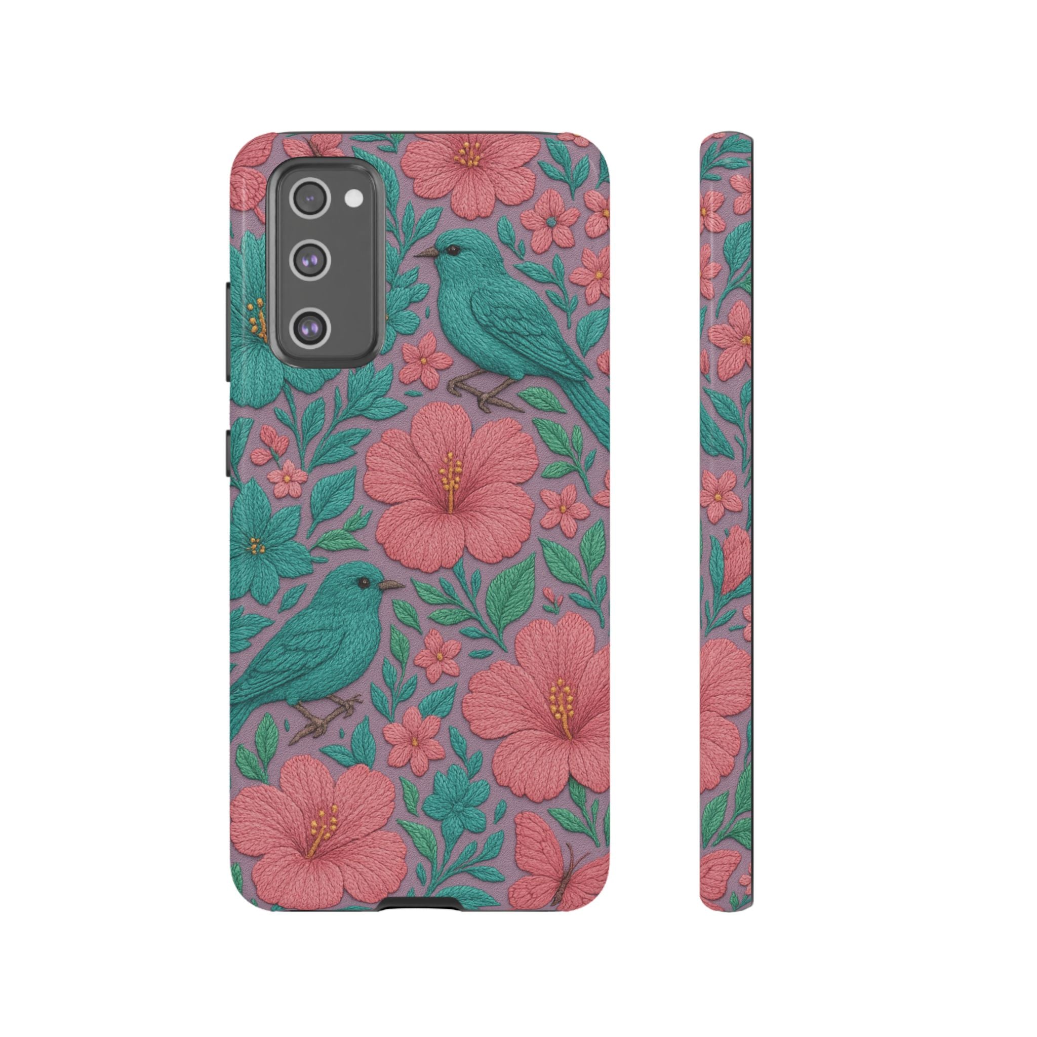 Turquoise, Pink and Lavender 3D Embroidery Illusion Phone Case Tropical Flowers, Birds & Butterflies Cover with Bold, Realistic Floral Texture iPhone, Samsung