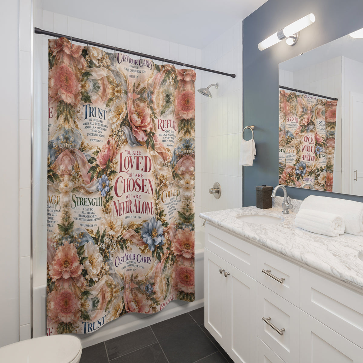 You Are Loved You Are Chosen Shower Curtain | Inspirational Floral Christian Bathroom Decor
