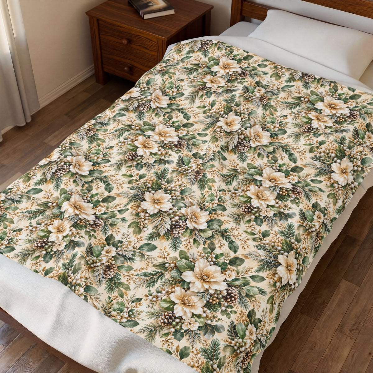 Sage Green & Champagne Floral Velveteen Plush Throw Blanket