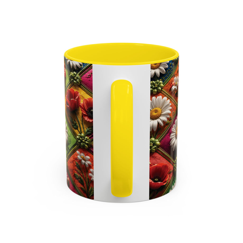 Floral Patchwork Accent Coffee Mug — Colorful Poppies & Daisies (11/15oz) 3D Illusion