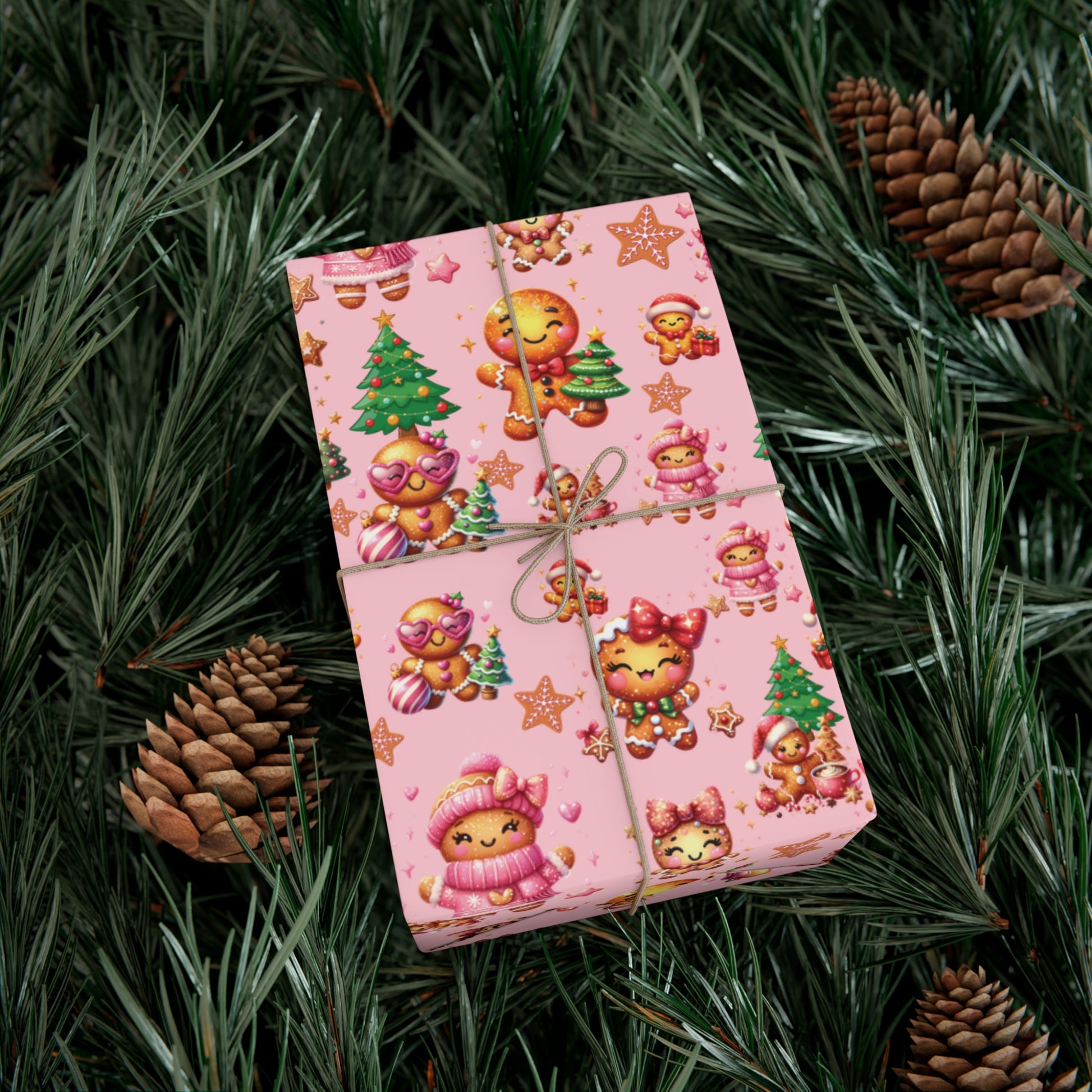 Pink Gingerbread Girls Christmas Wrapping Paper Cute Holiday Gift Wrap for Her, Festive & Whimsical Packaging for Xmas, Baby Showers Birthdays 3 SizesPerfect for Seasonal Gifting
