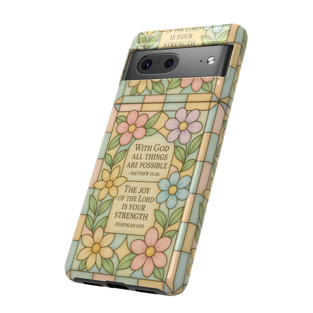 Pastel Stained Glass Bible Verse Phone Case Christian Affirmation Cover, Soft Geometric Design, iPhone Samsung Google, Faith Gift for Her Bible Verse or Affirmation | Protective, Inspirational Gift for Christians